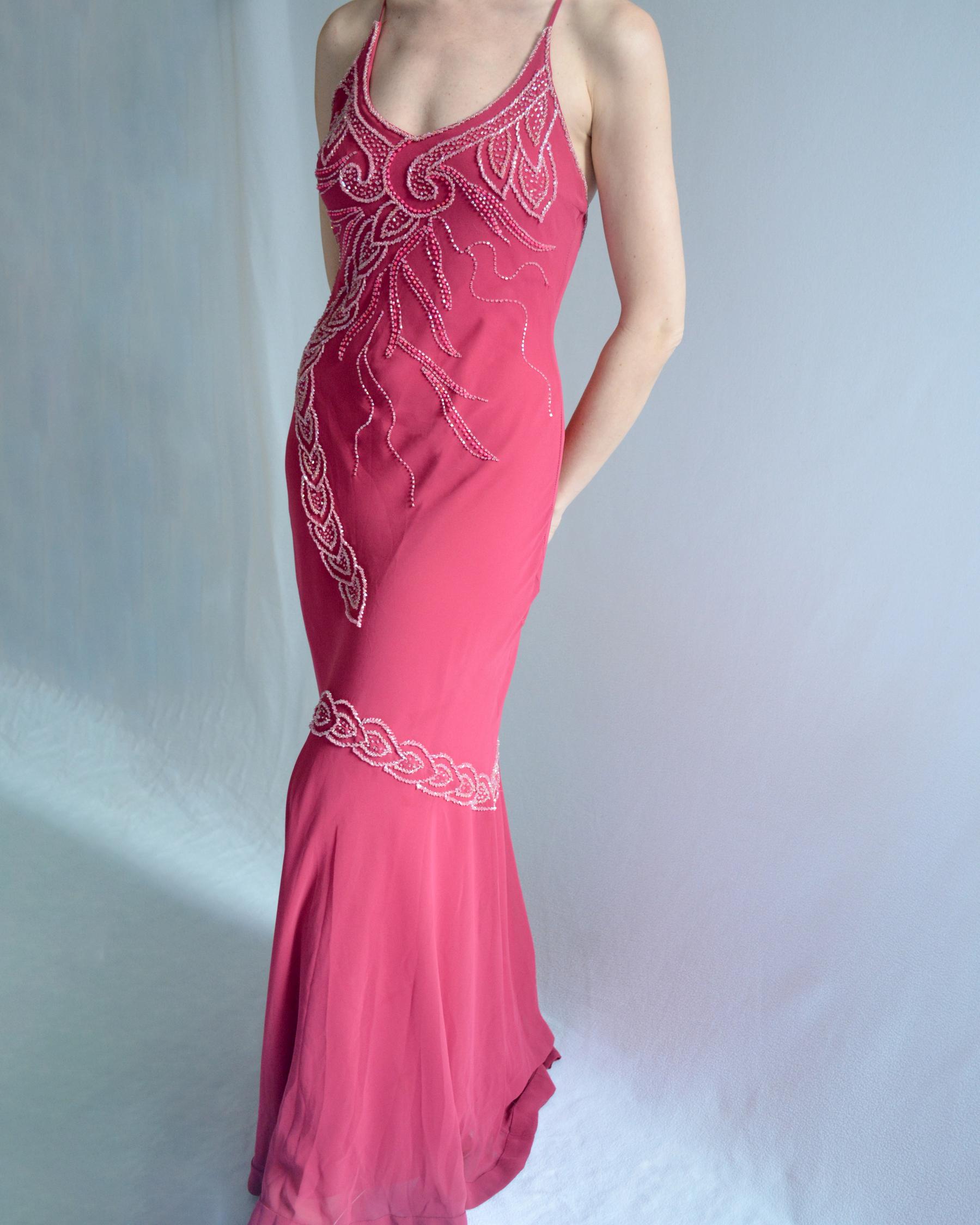 Vintage Bias-Cut Open-Back Beaded Mermaid Gown For Sale 4