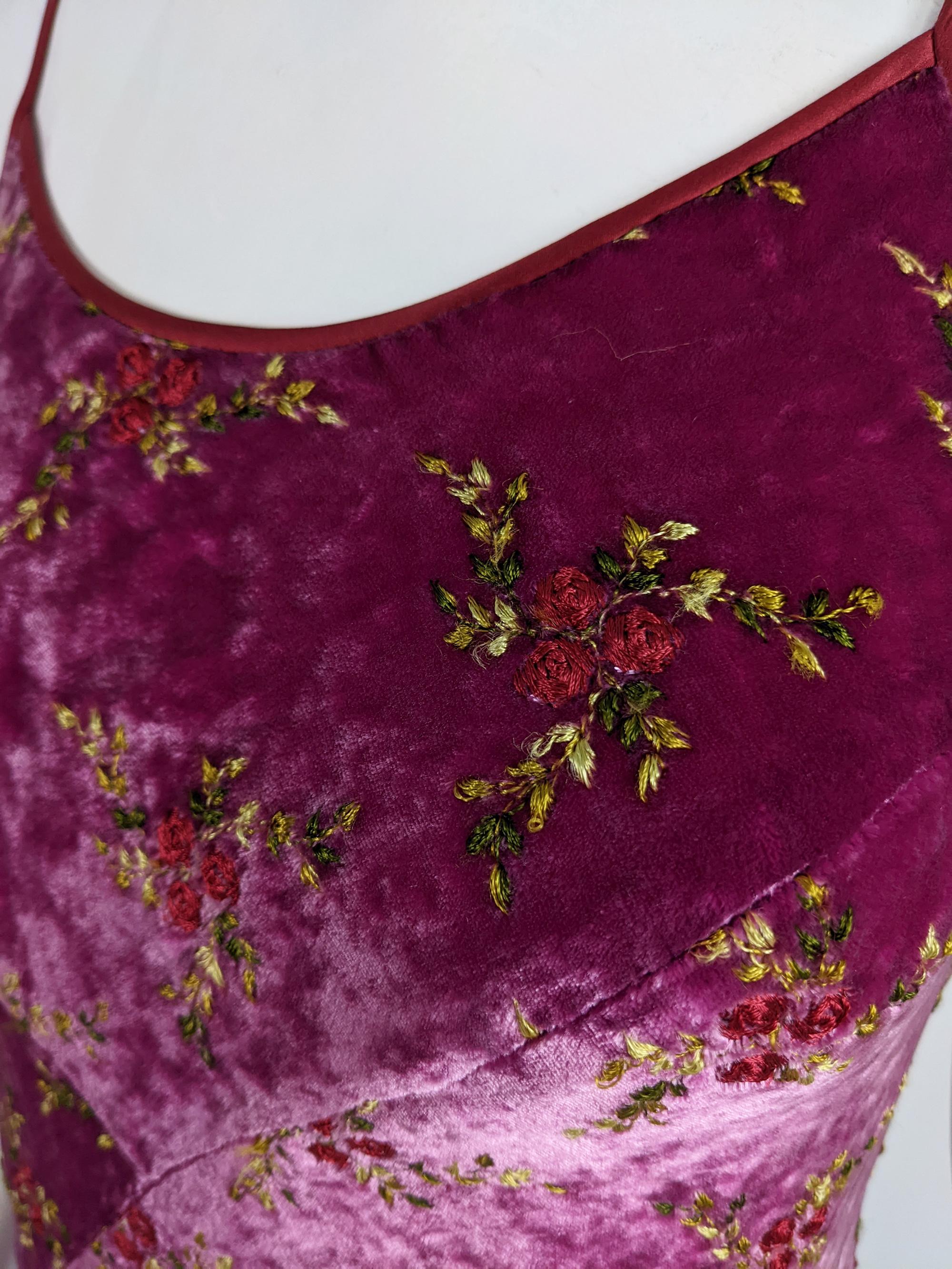 Red Vintage Bias Cut Silk Blend Velvet Embroidered Evening Gown Dress, 1990s