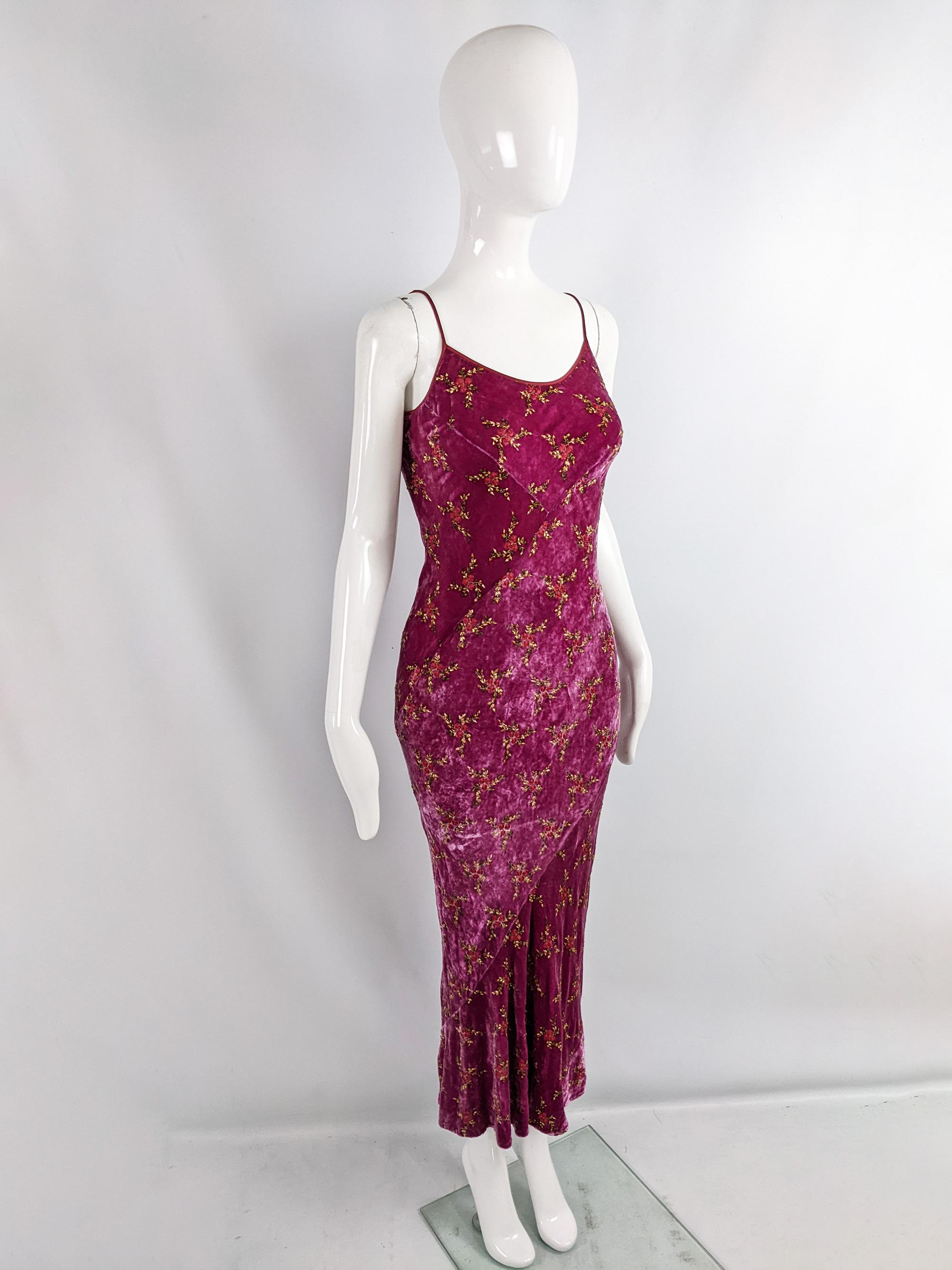 Women's Vintage Bias Cut Silk Blend Velvet Embroidered Evening Gown Dress, 1990s
