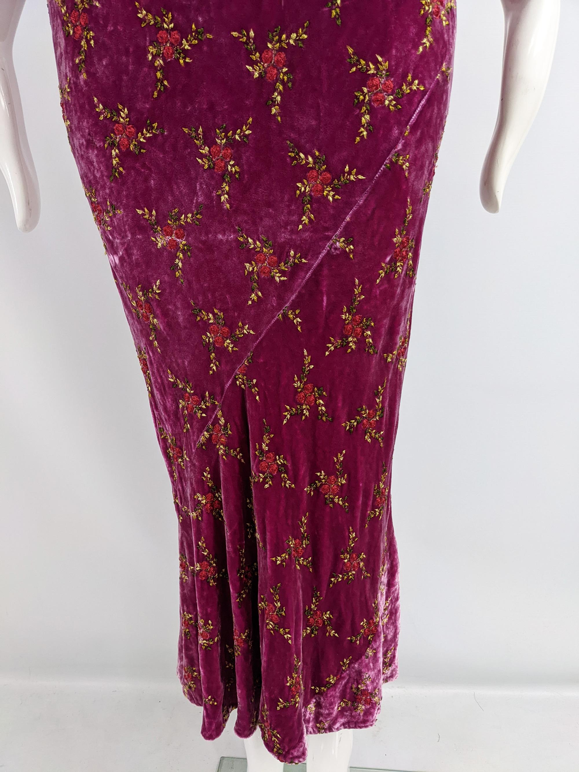 Vintage Bias Cut Silk Blend Velvet Embroidered Evening Gown Dress, 1990s 1