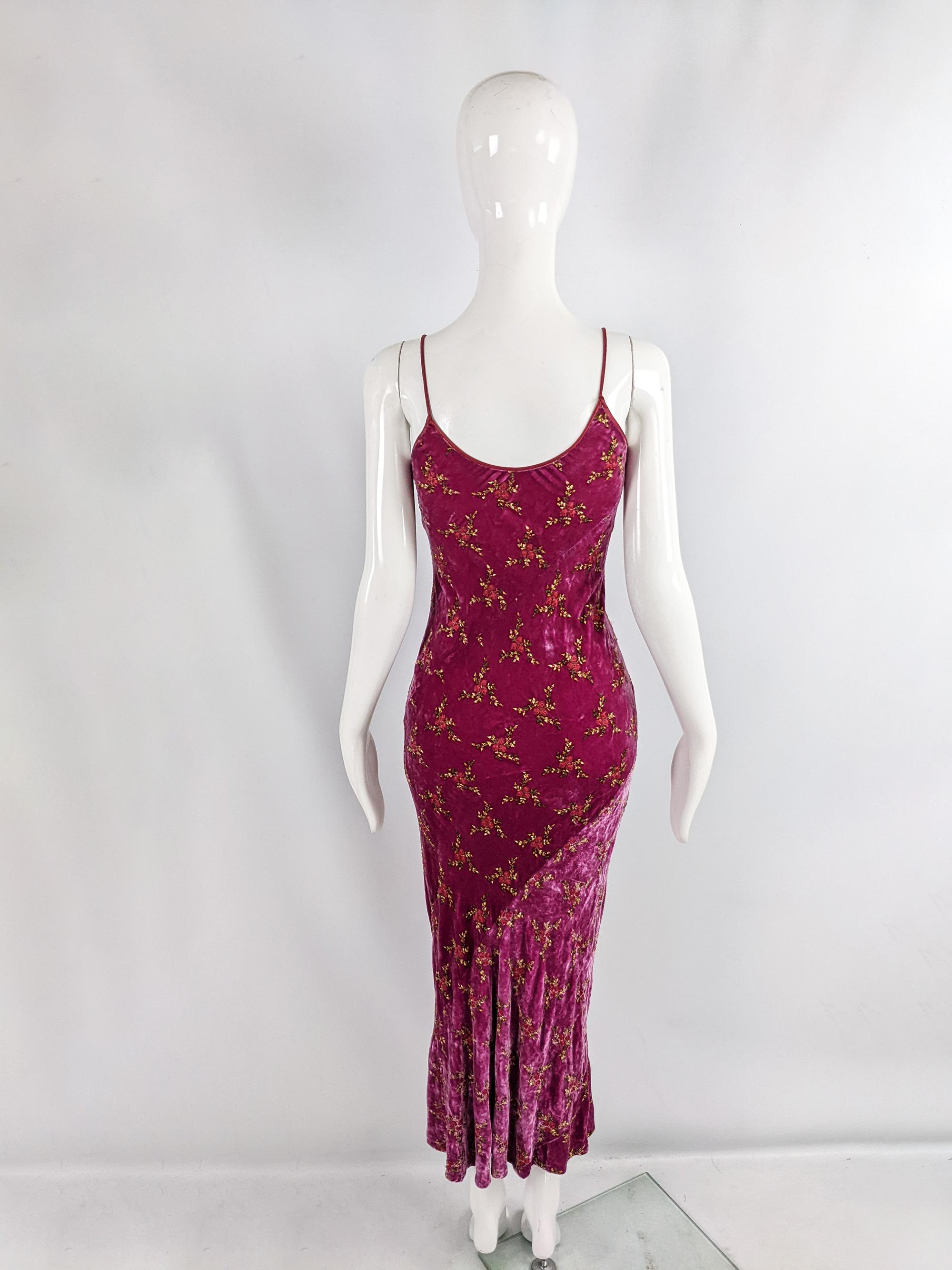 Vintage Bias Cut Silk Blend Velvet Embroidered Evening Gown Dress, 1990s 2
