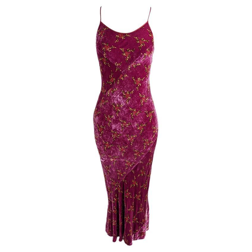 Vintage Bias Cut Silk Blend Velvet Embroidered Evening Gown Dress, 1990s
