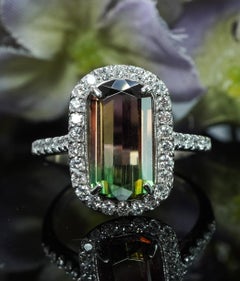 Vintage Bicolor Cushion Tourmaline Diamond Ring Platino Estate Pink Watermelon