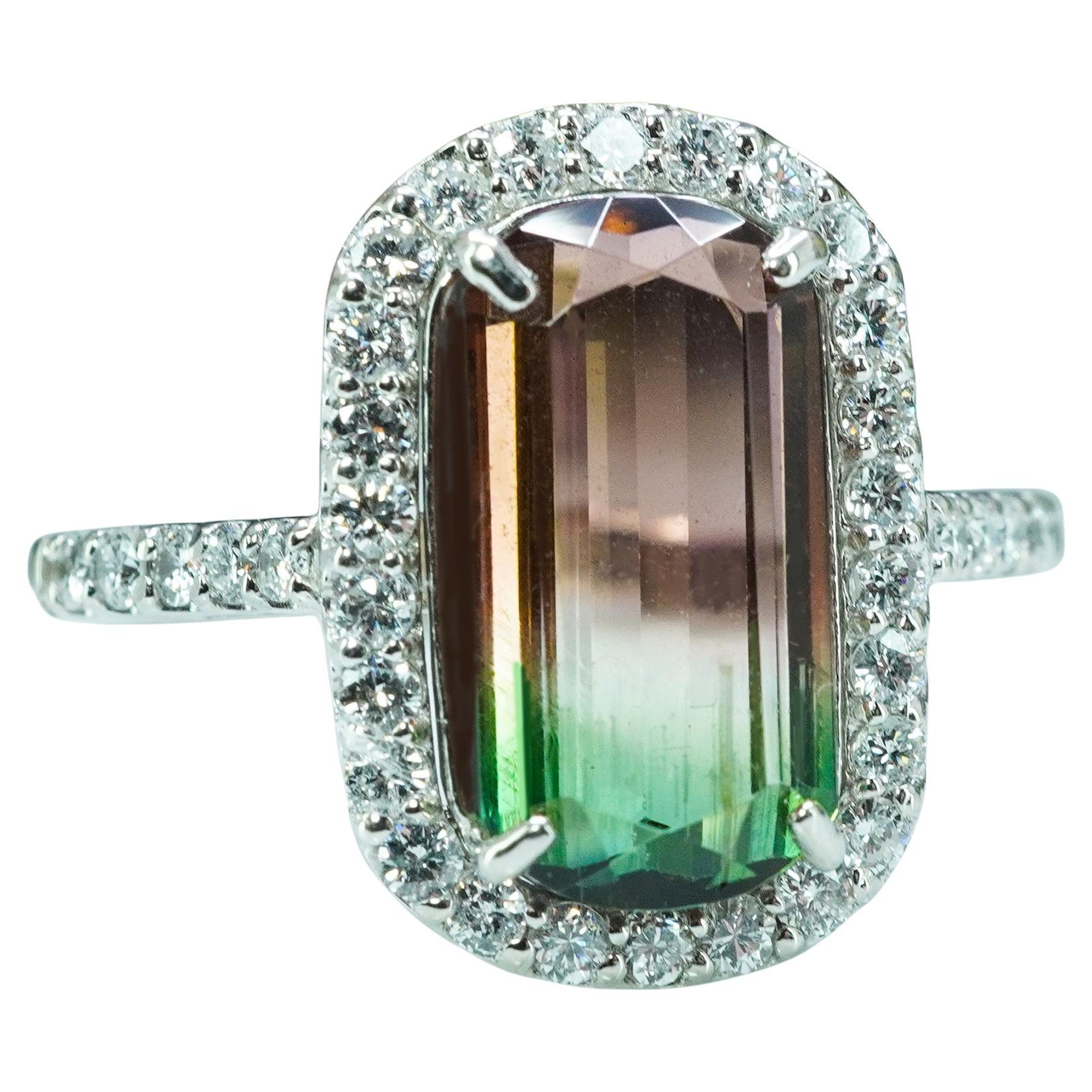 Vintage Bicolor Cushion Tourmaline Diamond Ring Platinum Estate Pink Watermelon