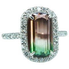 Vintage Bicolor Cushion Tourmaline Diamond Ring Platinum Estate Pink Watermelon