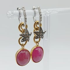 Vintage Bicolor Gold Ruby and Diamond Star Drop Earrings, 2006