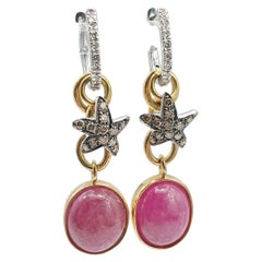 Vintage Bicolor Gold Ruby and Diamond Star Drop Earrings, 2006