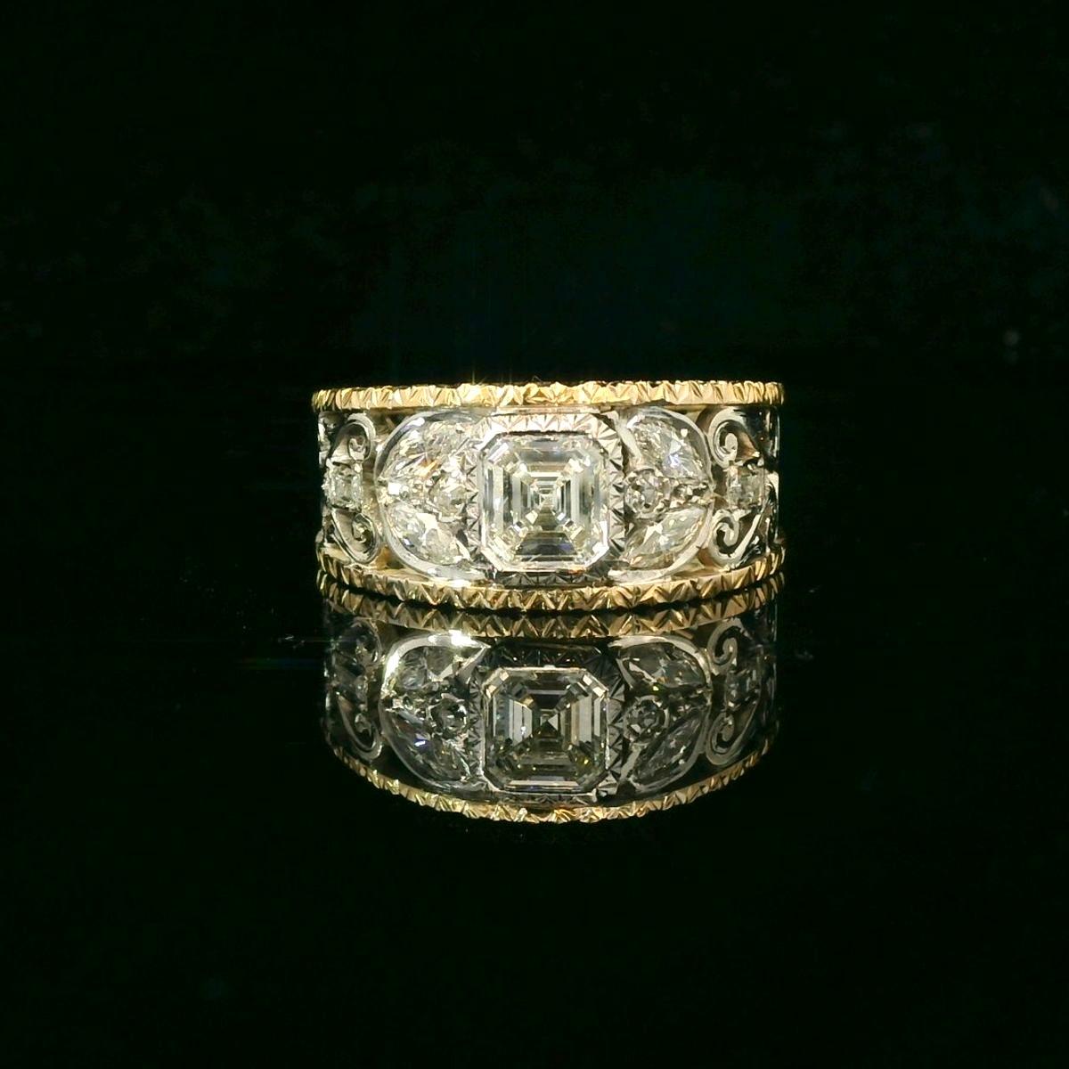 Vintage Zweifarbiger GIA-zertifizierter 1 Karat Diamantring (Asscher-Schliff) im Angebot