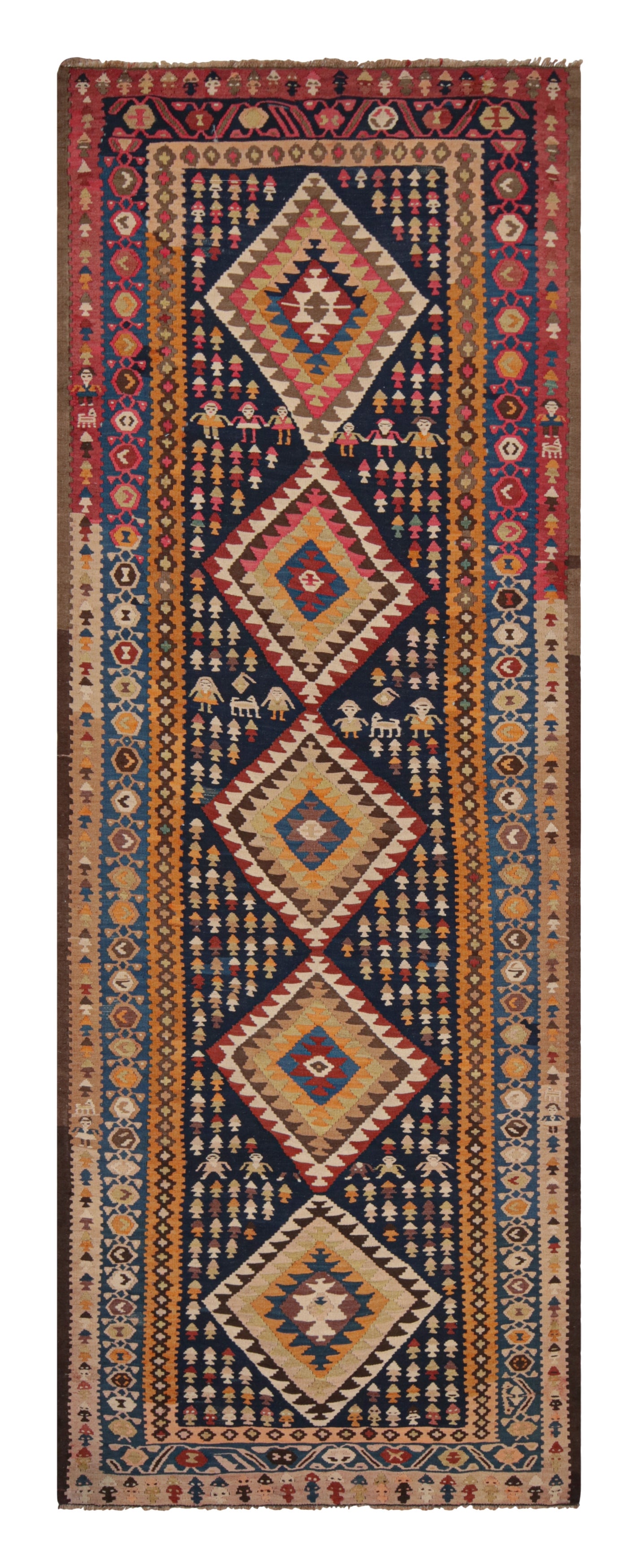 Tapis de couloir Kilim persan Bidjar vintage géométrique en laine marron et orange par Rug & Kilim en vente