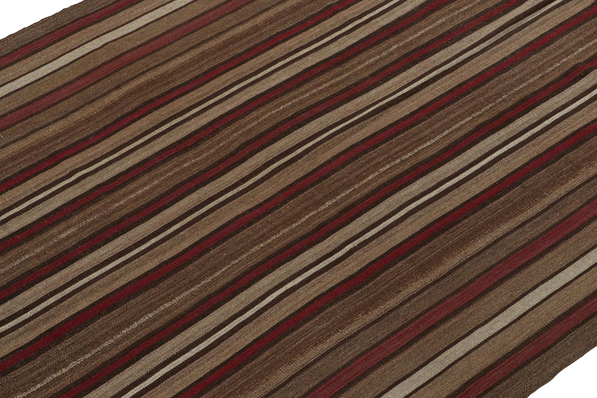 Hand-Knotted Vintage Bidjar Palas Persian Kilim in Beige-Brown and Red Stripes For Sale