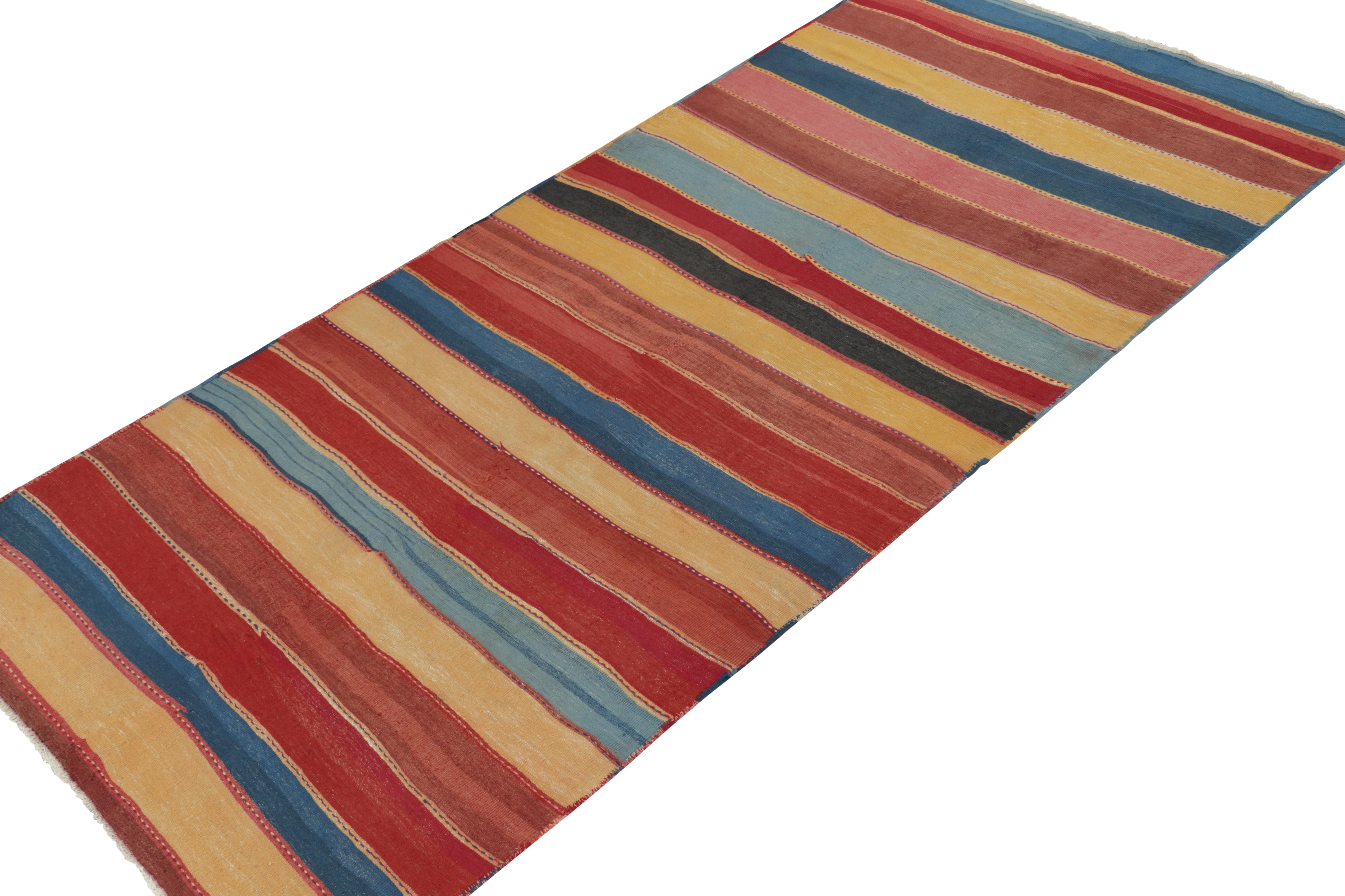 Hand-Knotted Vintage Bidjar Persian Tribal Kilim in Red, Gold and Blue Stripes by Rug & Kilim For Sale