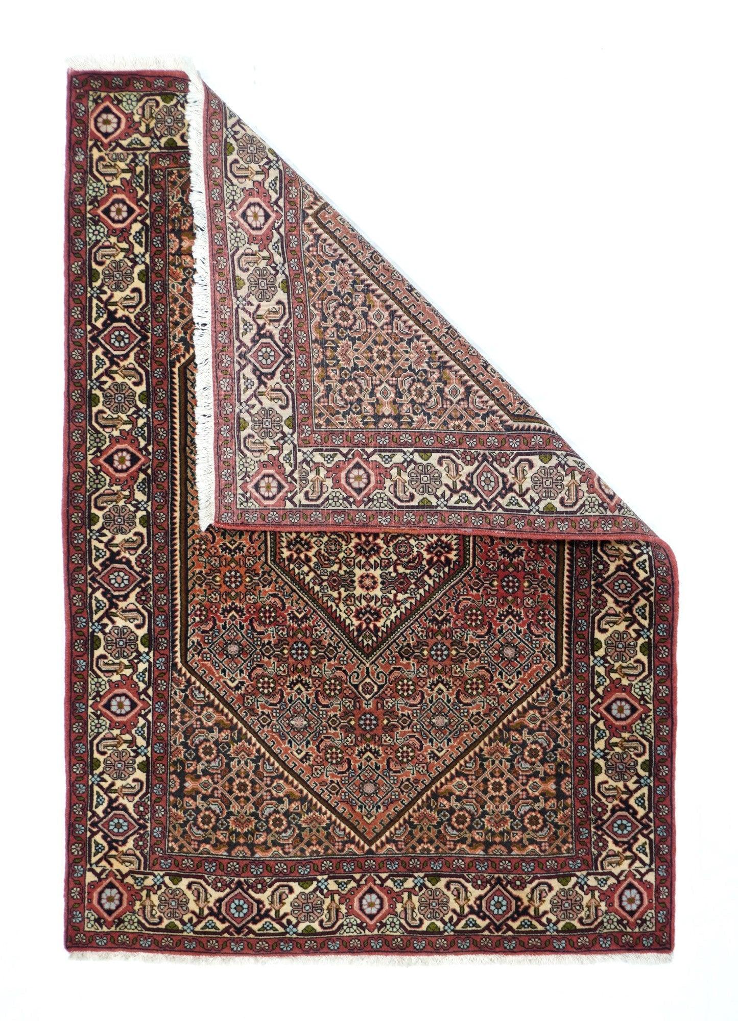 Vintage Bidjar Rug 3'6'' x 5'1''. This all-Herati rug shows the same pattern uniformly on the brown corners, serrated coral field and cream central hexagonal medallion. Ivory strip-style reversing turtle border. Fine urban weave; impeccable,