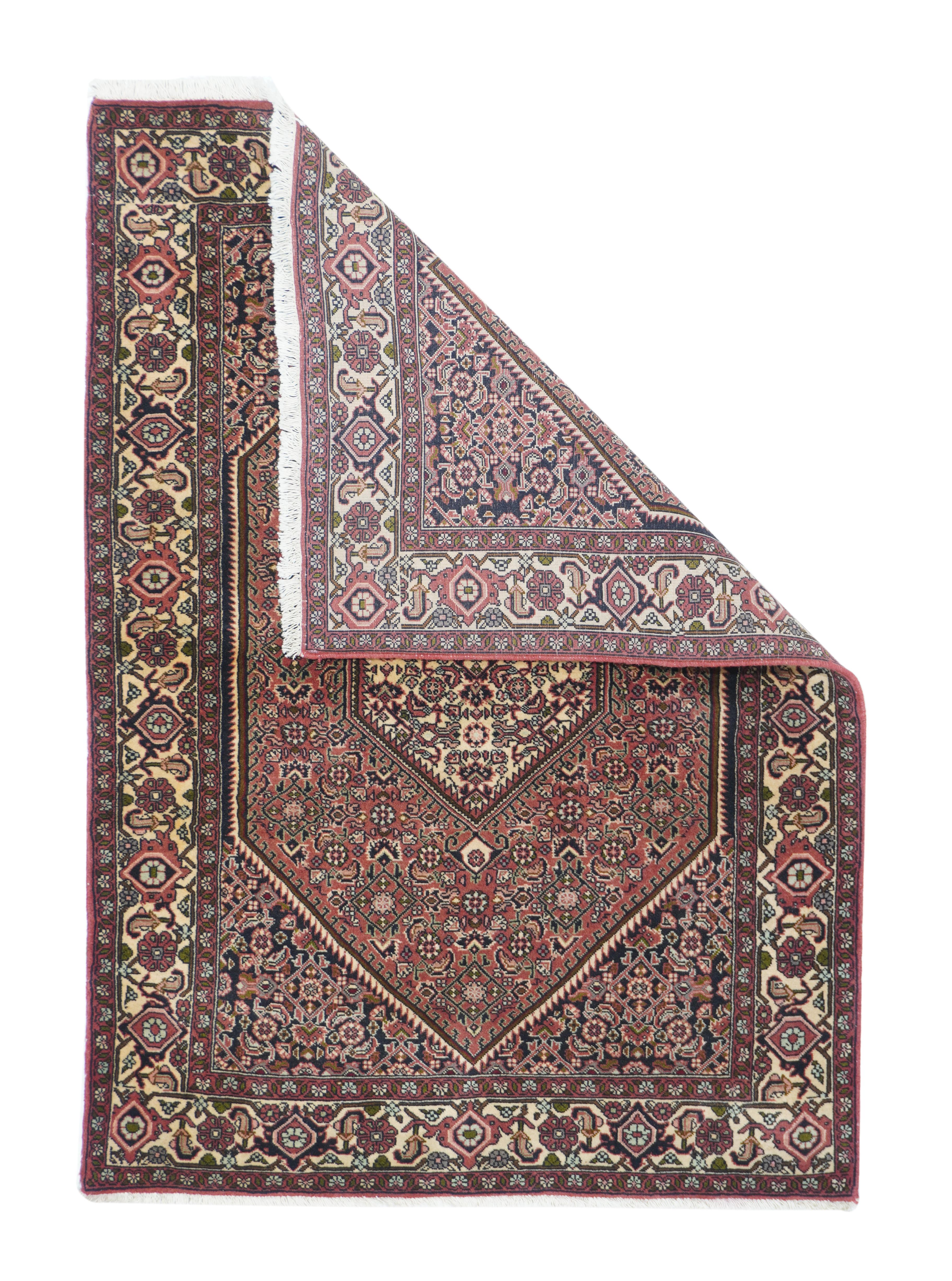 Vintage Bidjar Rug 3'8'' x 5'3''. All Herati field with cream central hexagon, rose sub-field and navy field deploying as stepped triangular corners. A balanced strip style border of reversing layered turtles and intervening rosettes. Medium, very