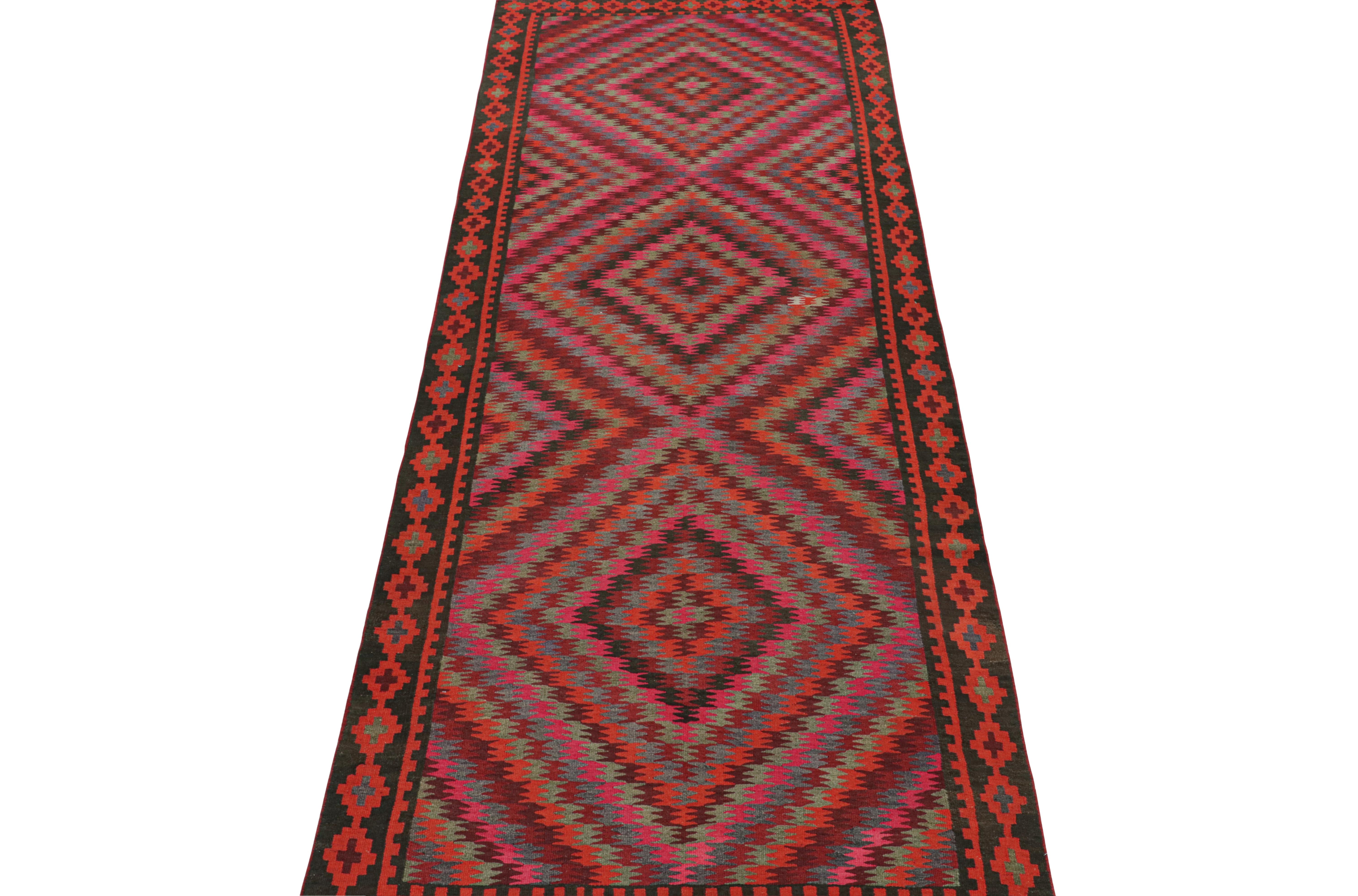 This vintage 6x15 Kilim is a new addition of Bidjar provenance in Rug & Kilim's rare tribal curations. Handwoven in wool, it originates from Turkey circa 1950-1960.
Further on the Design: 
Bidjar Kilims like this are reputed for their durability