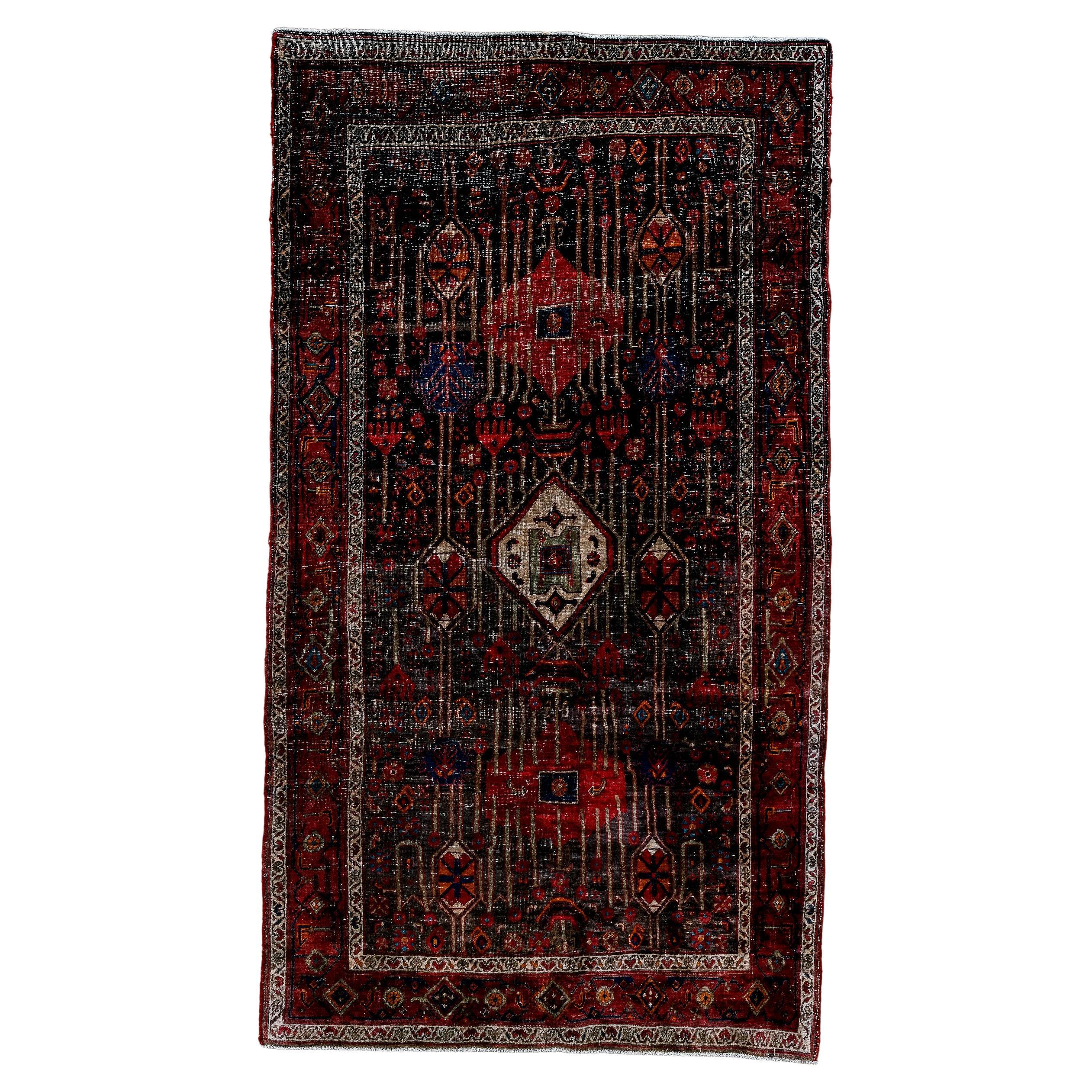Bidjar Vintage con Campo Negro Oscuro y Diseño Rojo