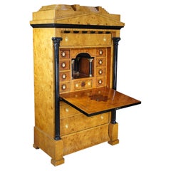 Vintage Biedermeier Birdseye Maple Ebonized Drop Front Secretaire Secretary Desk