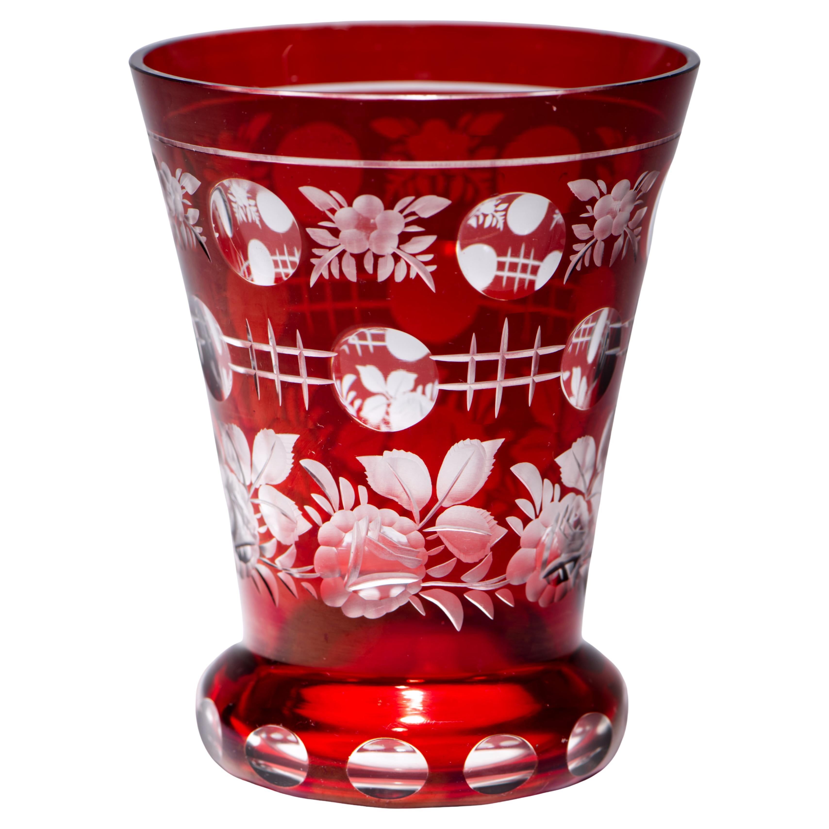 Vintage Biedermeier Style Bohemian Crystal Ruby Red Cut to Clear Bud Vase