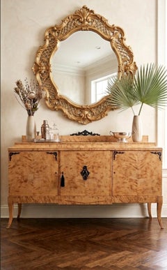 Vintage Biedermeier Style Bookmatched Burl Wood Three-Door Sideboard Credenza