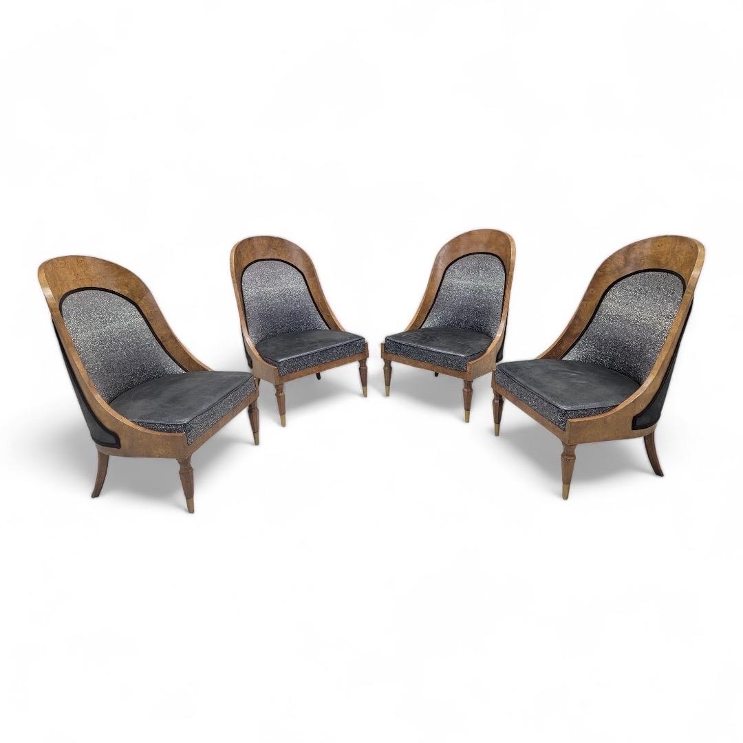 Vintage Biedermeier Style Burlwood Spoon-Back Slipper Chairs by Michael Taylor For Baker Furniture Co. - Set of 4

Very stunning and elegant dining room/game table chairs from Baker Furniture with burl-wood frames.  The restrained ornamentation and