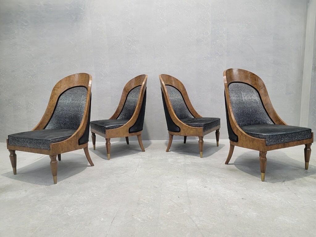 Tissu d'ameublement Chaises vintage en bois de broussin de style Biedermeier de Michael Taylor pour Baker Furniture en vente