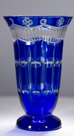 Vintage Biedermeier Style Crystal Cobalt Cut to Clear Footed Vase