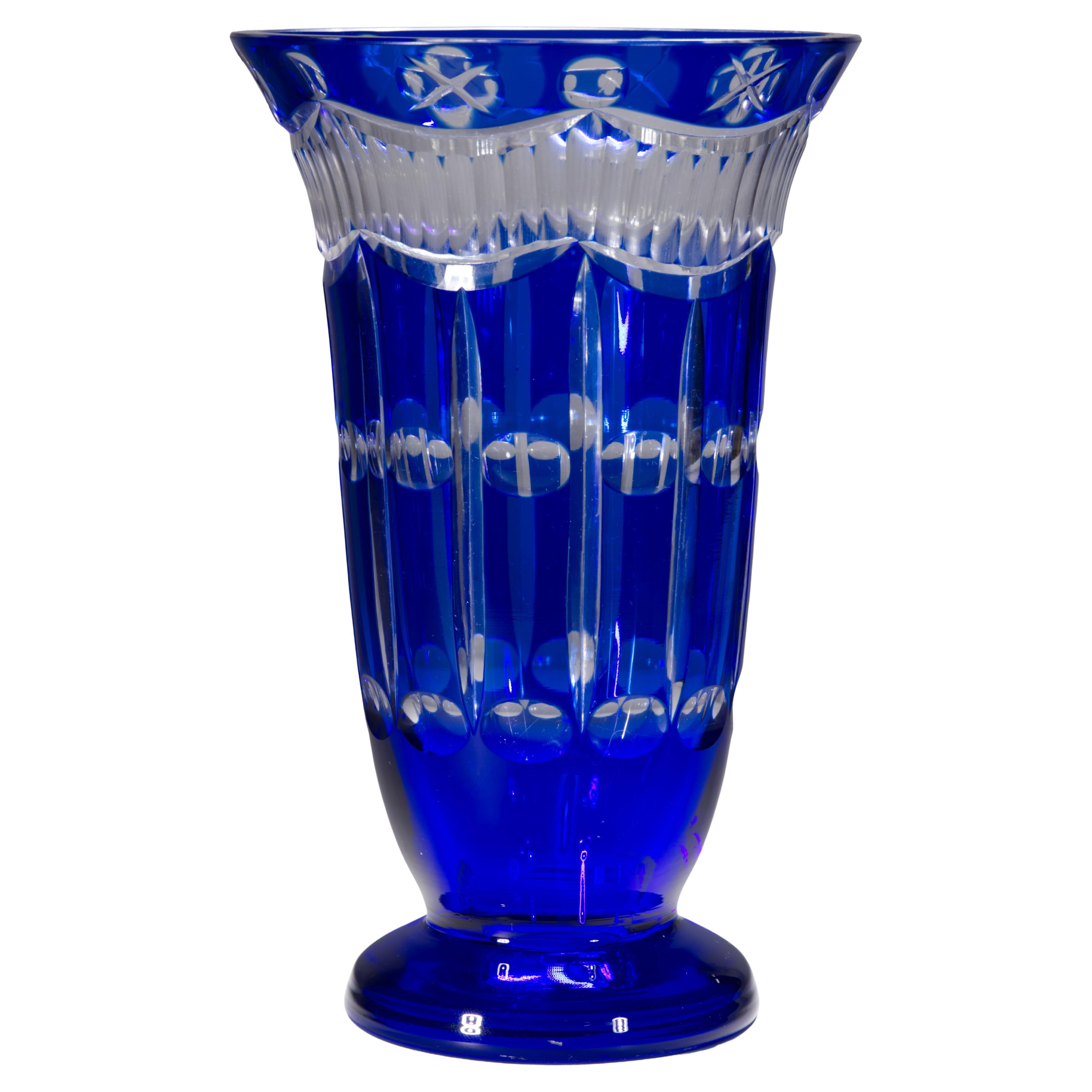 Vintage Biedermeier Style Crystal Cobalt Cut to Clear Footed Vase