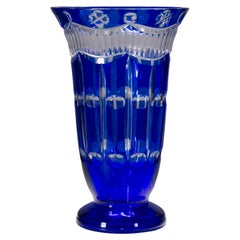 Vintage Biedermeier Style Crystal Cobalt Cut to Clear Footed Vase