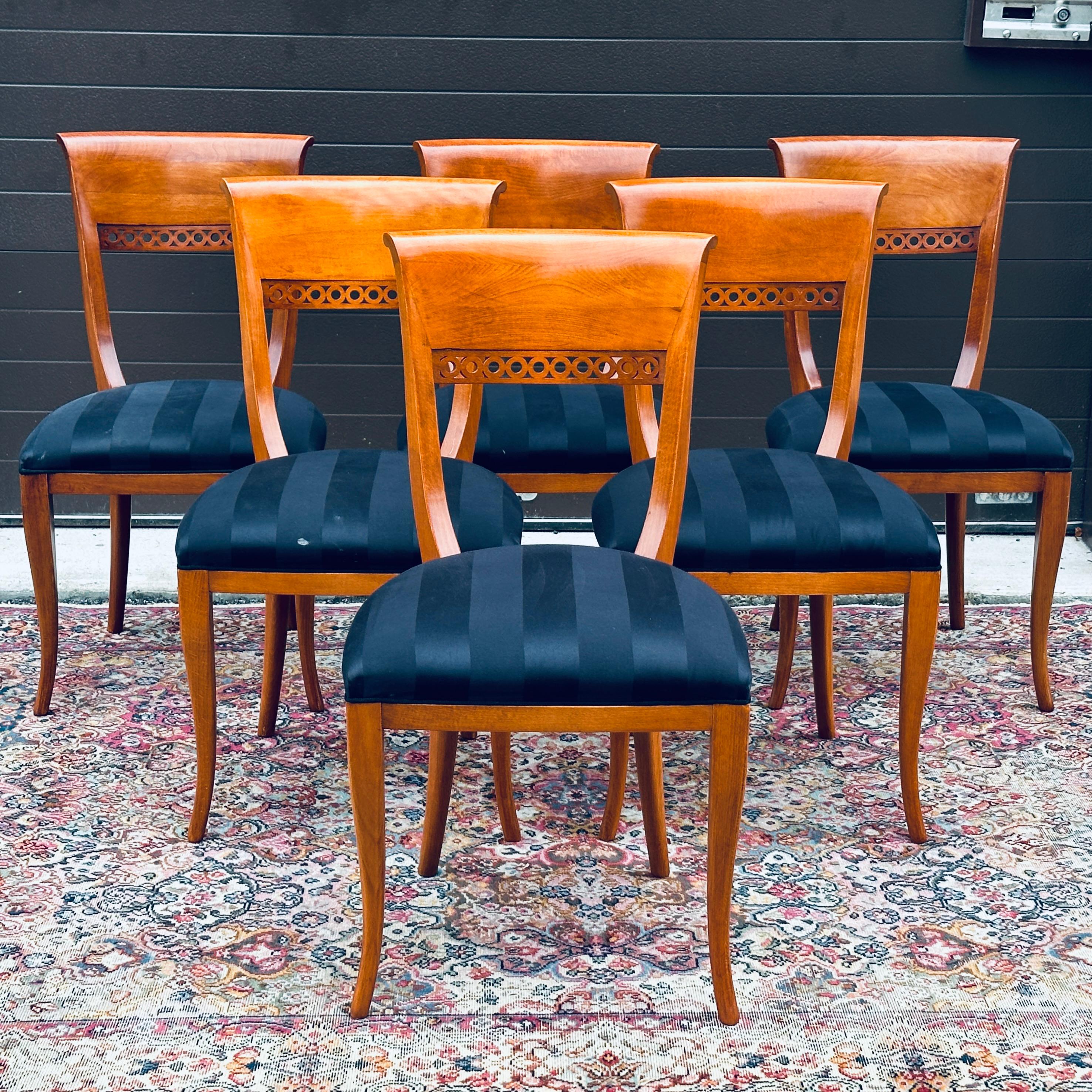 Set of six beautiful Biedermier style dining side chairs made in Italy for Bloomingdale's. Nicely shaped hardwood frames in a medium cherry finish. Seats need to be reupholstered or possibly cleaned. Frames with wear around the edges.