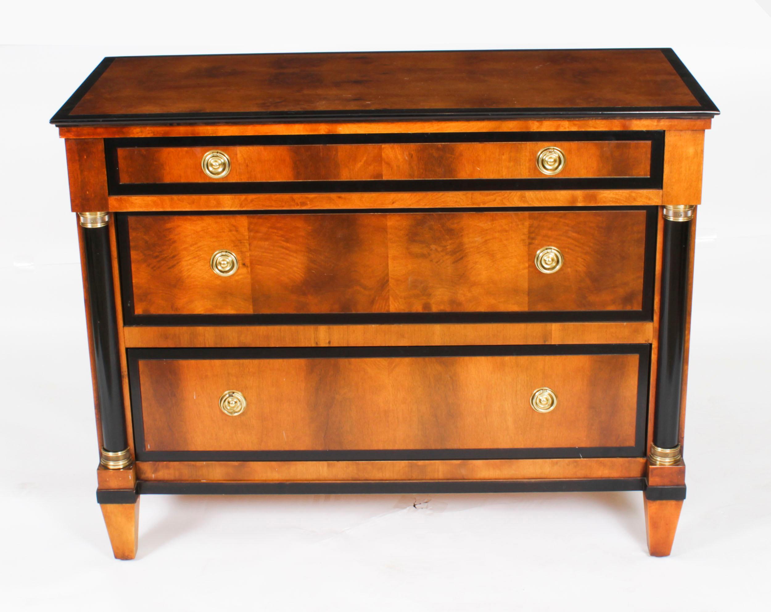 A rare and truly magnificent vintage walnut & ebonized Biedermeier revival chest of drawers purchased at great expense from Harrods, Knightsbridge, London in the 1980s,

The chest has three full width drawers beautifully framed by a pair of Doric