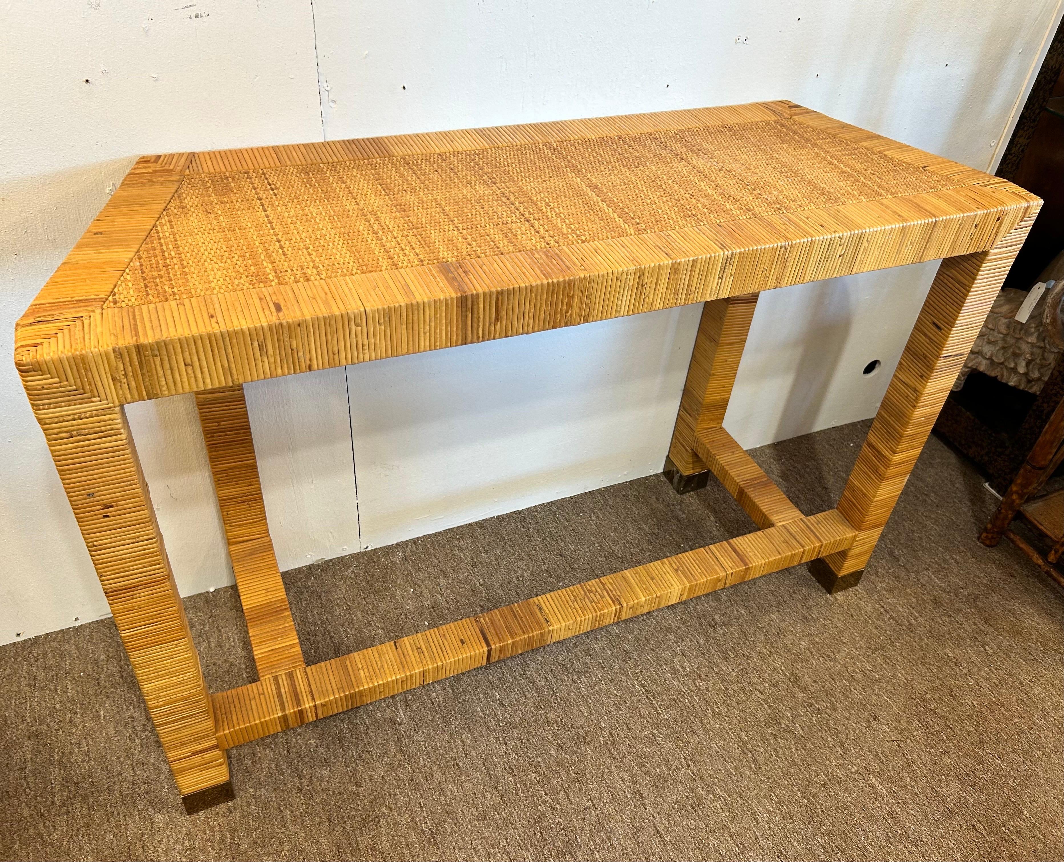 Vintage Bielecky Brothers Style Coastal Rattan Wrapped and Woven Console Table For Sale 10