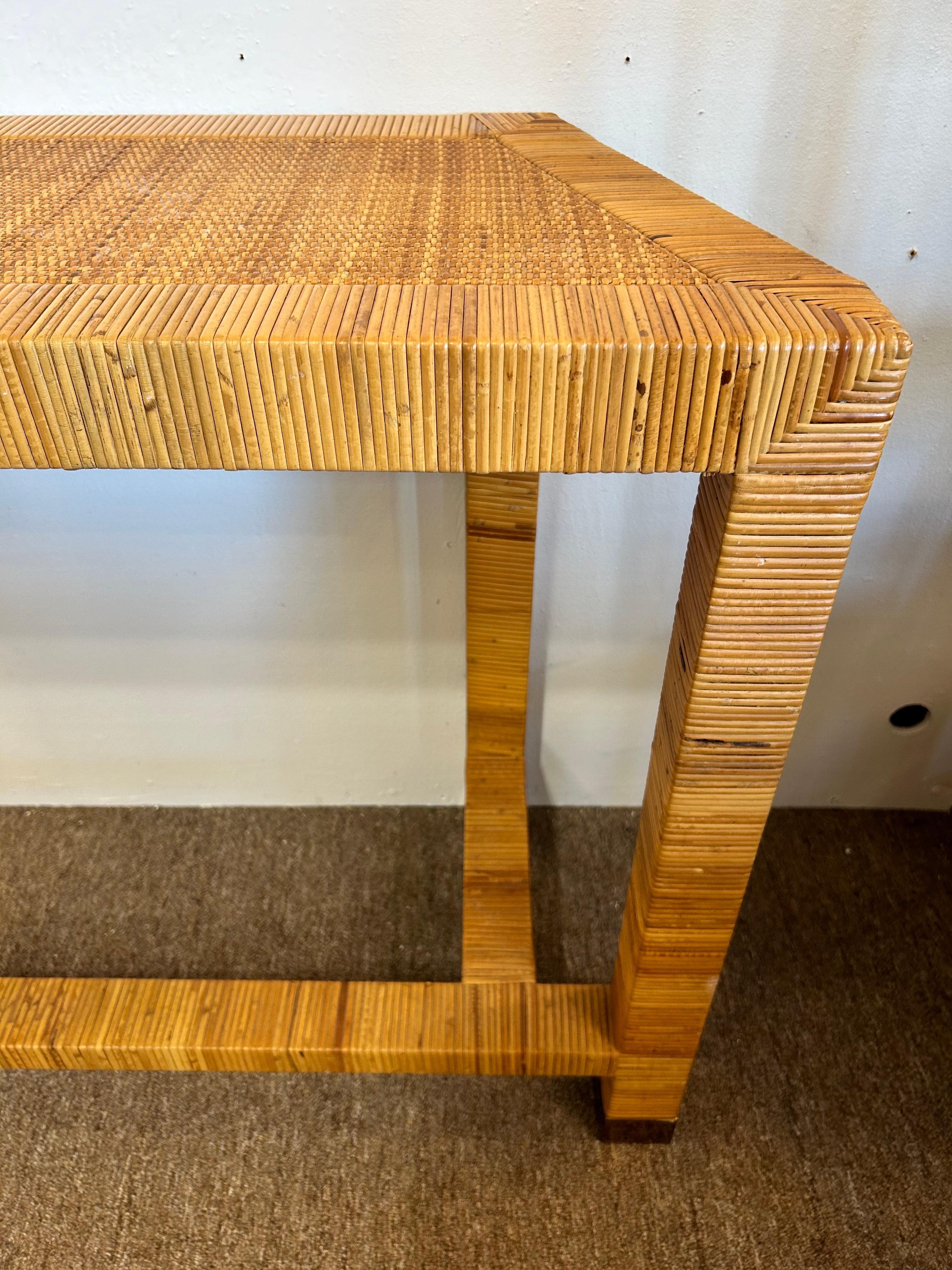 Vintage Bielecky Brothers Style Coastal Rattan Wrapped and Woven Console Table For Sale 11