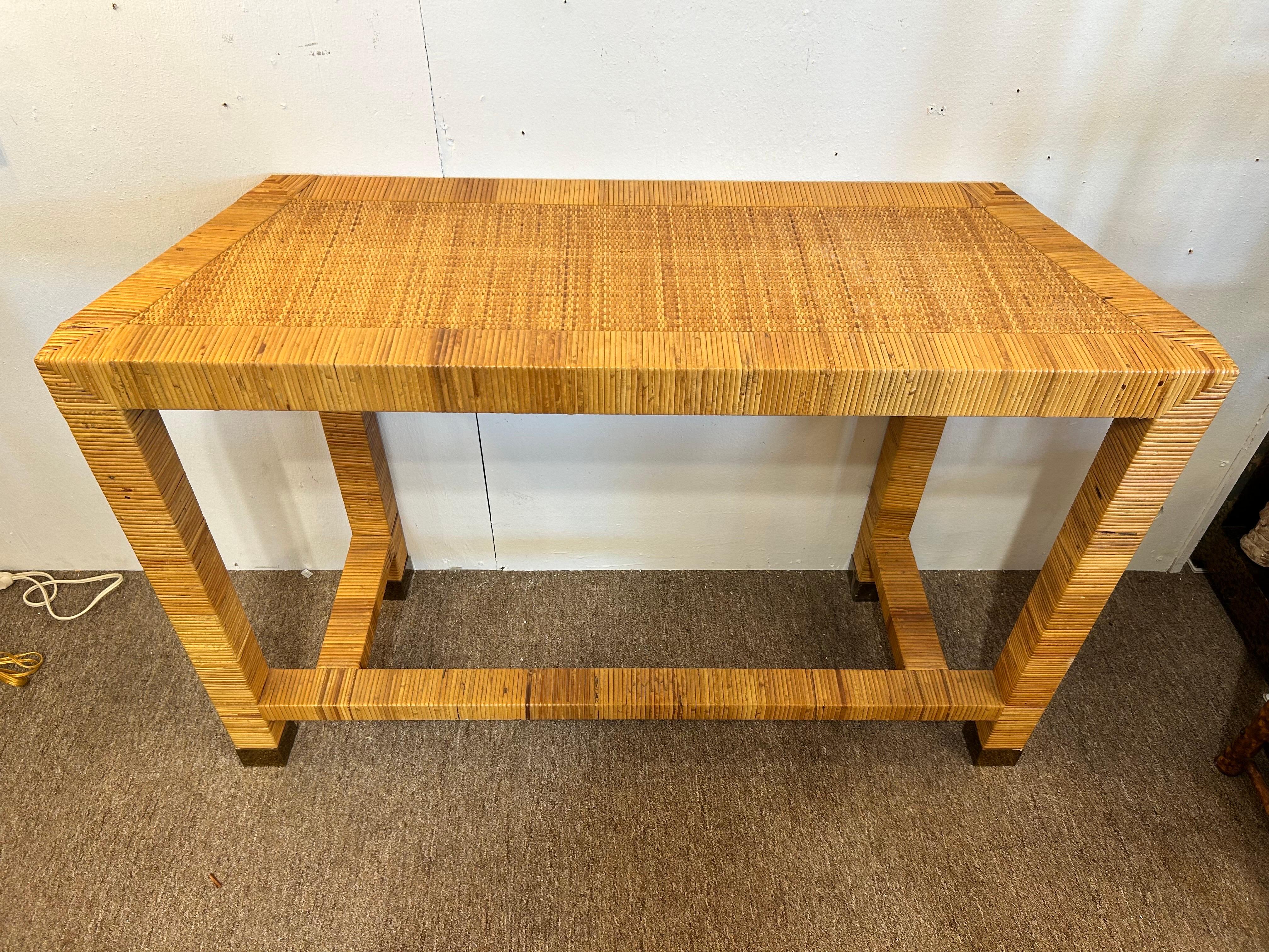 Vintage Bielecky Brothers Style Coastal Rattan Wrapped and Woven Console Table For Sale 14