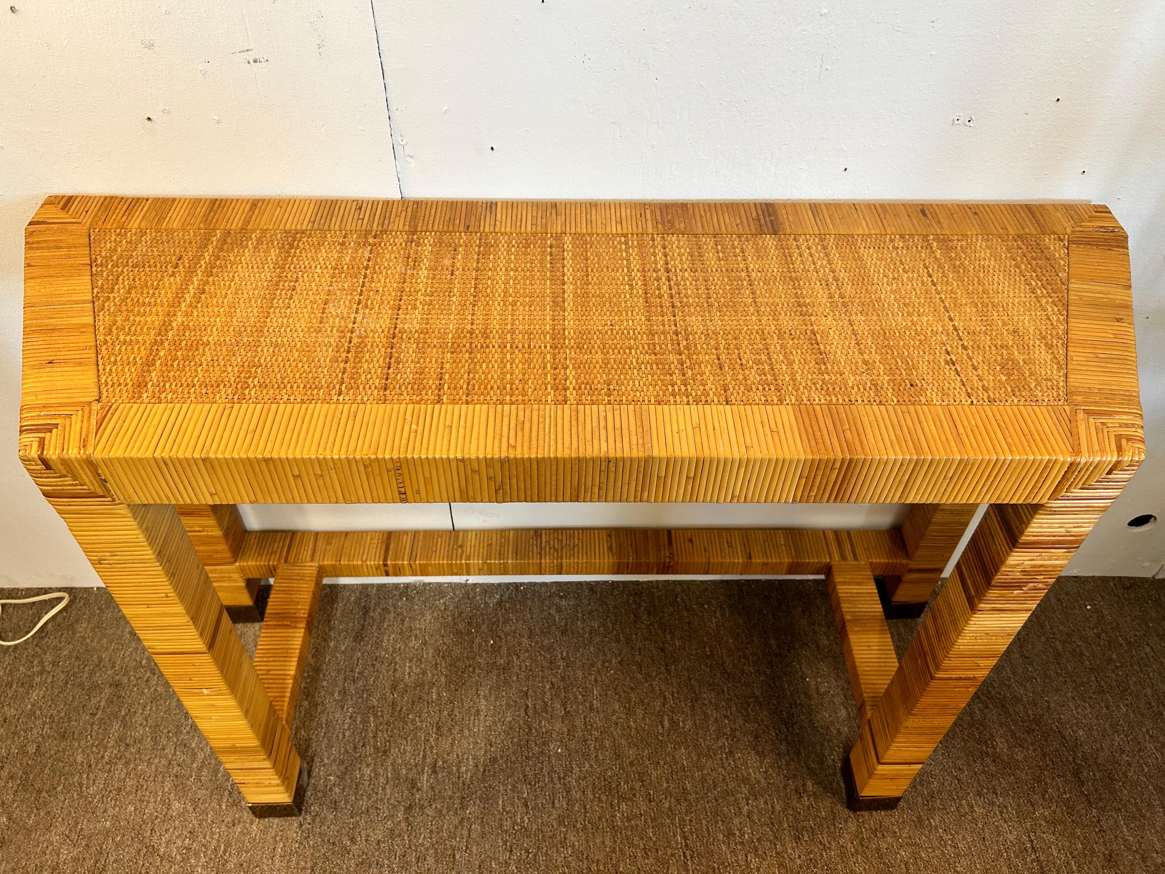 Organic Modern Vintage Bielecky Brothers Style Coastal Rattan Wrapped and Woven Console Table For Sale