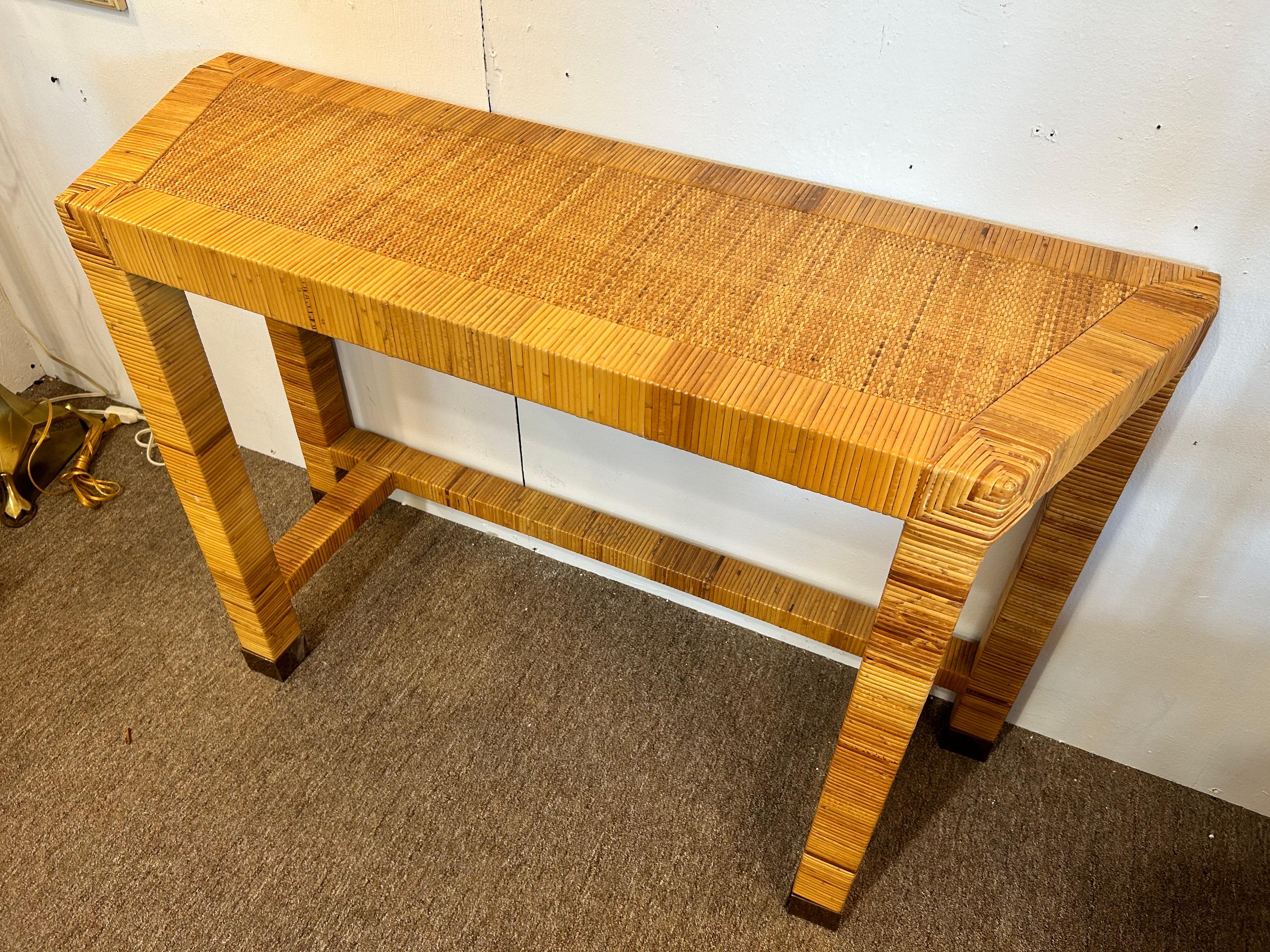 American Vintage Bielecky Brothers Style Coastal Rattan Wrapped and Woven Console Table For Sale