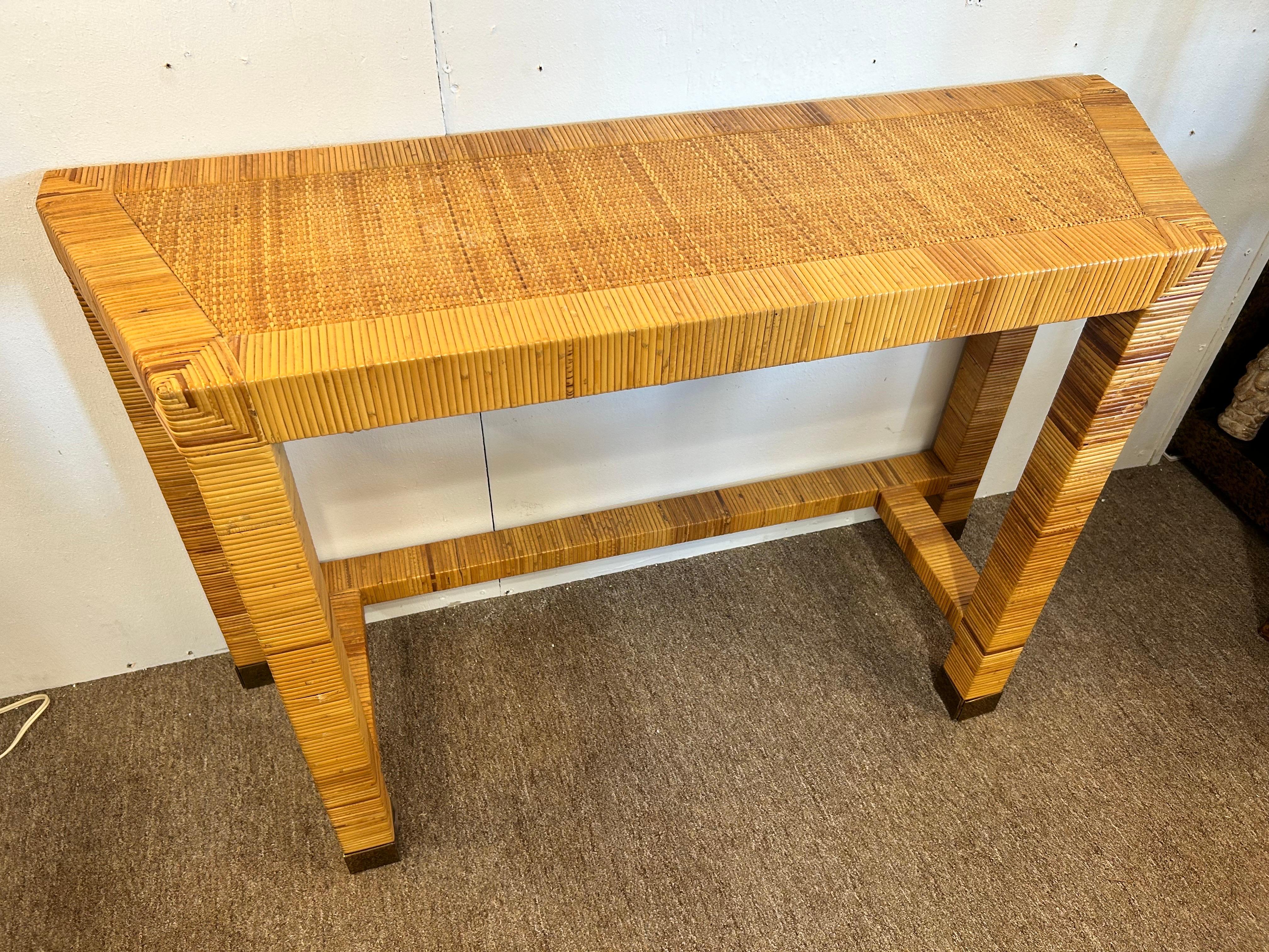 Vintage Bielecky Brothers Style Coastal Rattan Wrapped and Woven Console Table In Good Condition For Sale In Atlanta, GA
