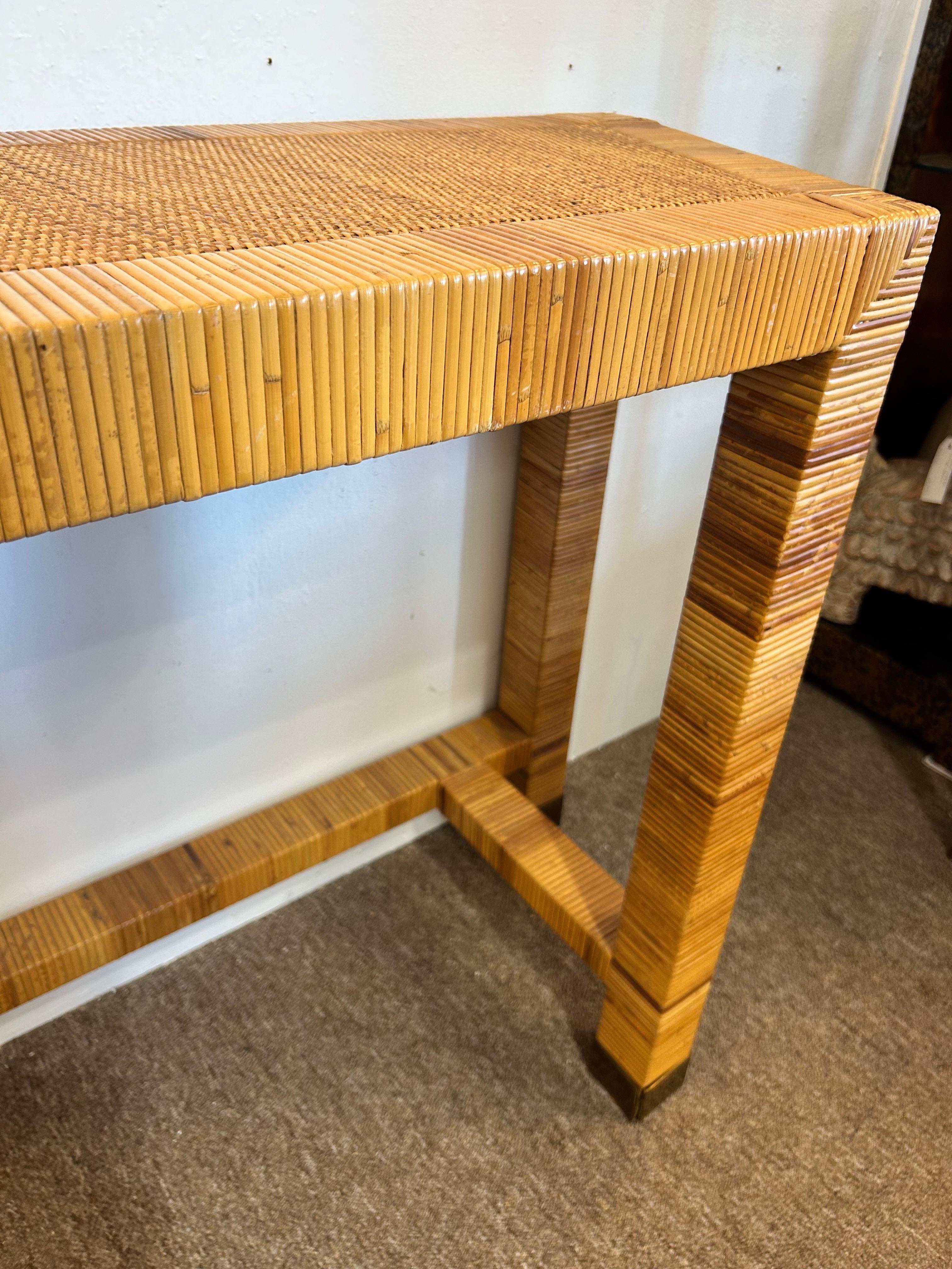 20th Century Vintage Bielecky Brothers Style Coastal Rattan Wrapped and Woven Console Table For Sale