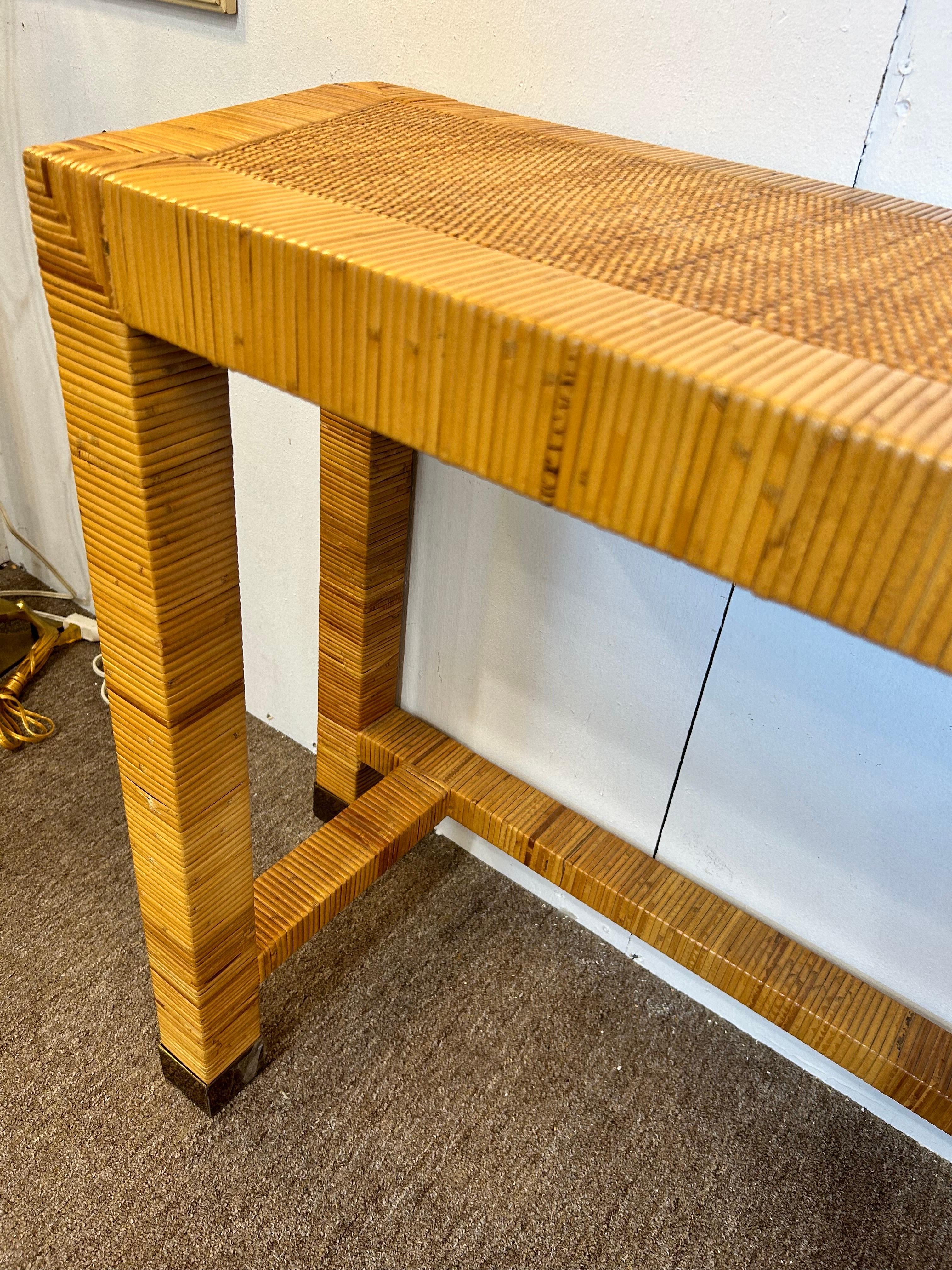 Vintage Bielecky Brothers Style Coastal Rattan Wrapped and Woven Console Table For Sale 1