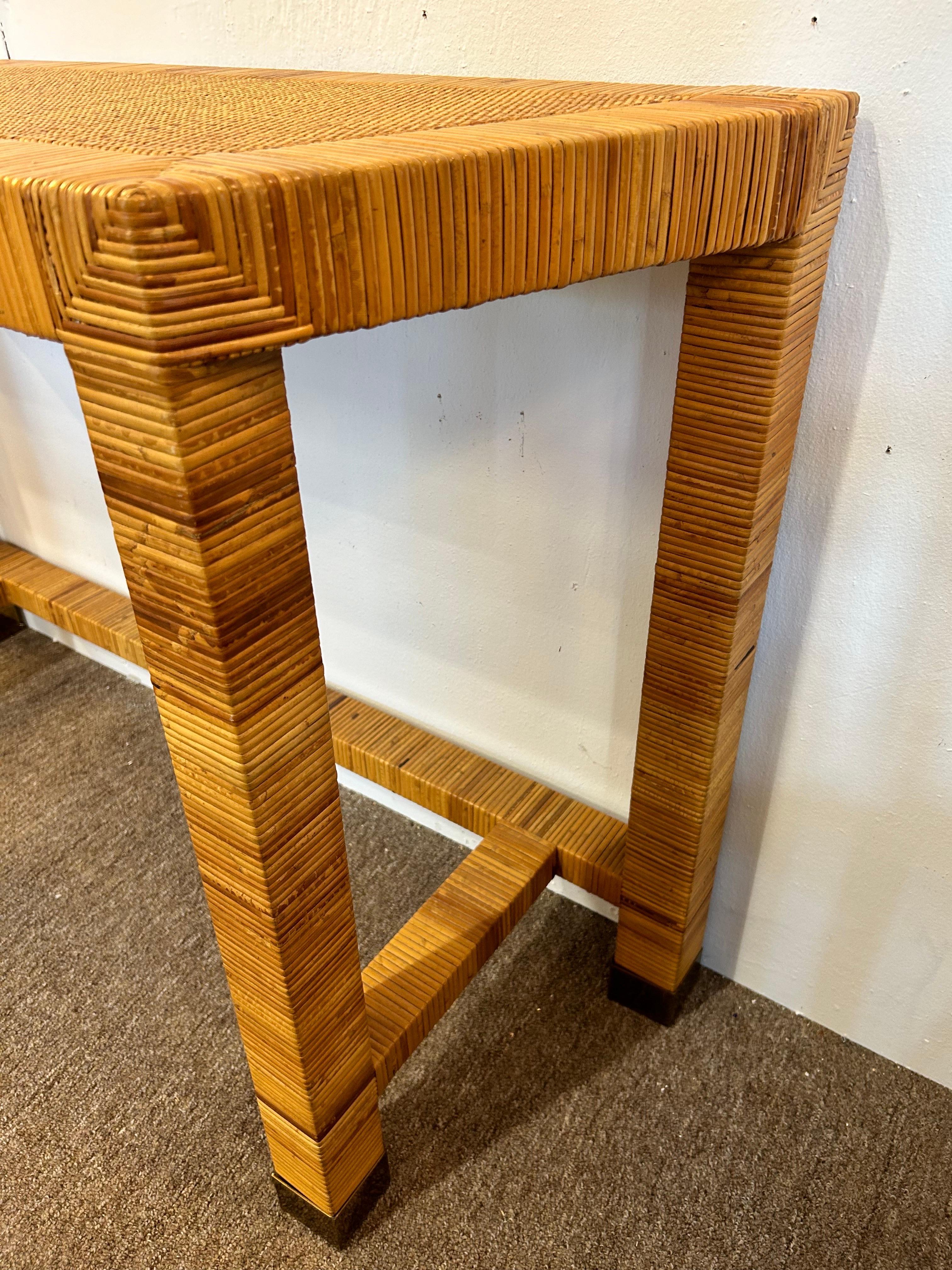 Vintage Bielecky Brothers Style Coastal Rattan Wrapped and Woven Console Table For Sale 2