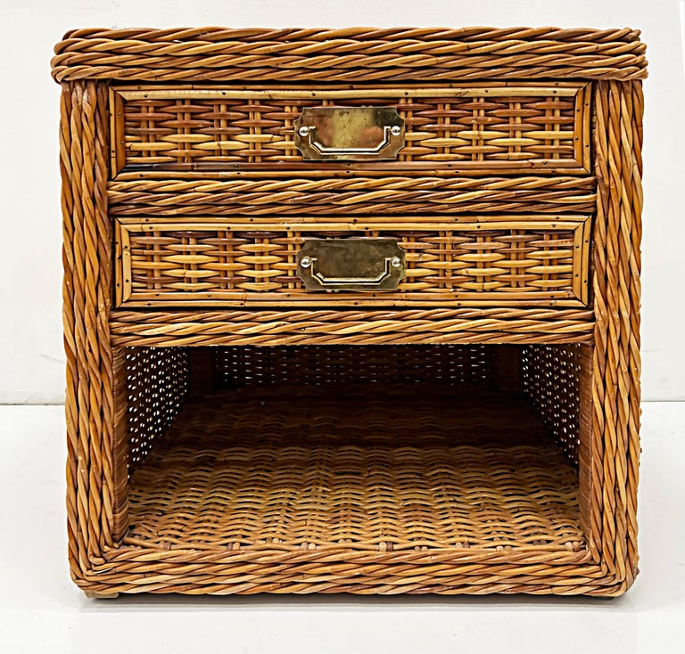Vintage Bielecky Brothers Woven Rattan Night Stands, Pair For Sale at