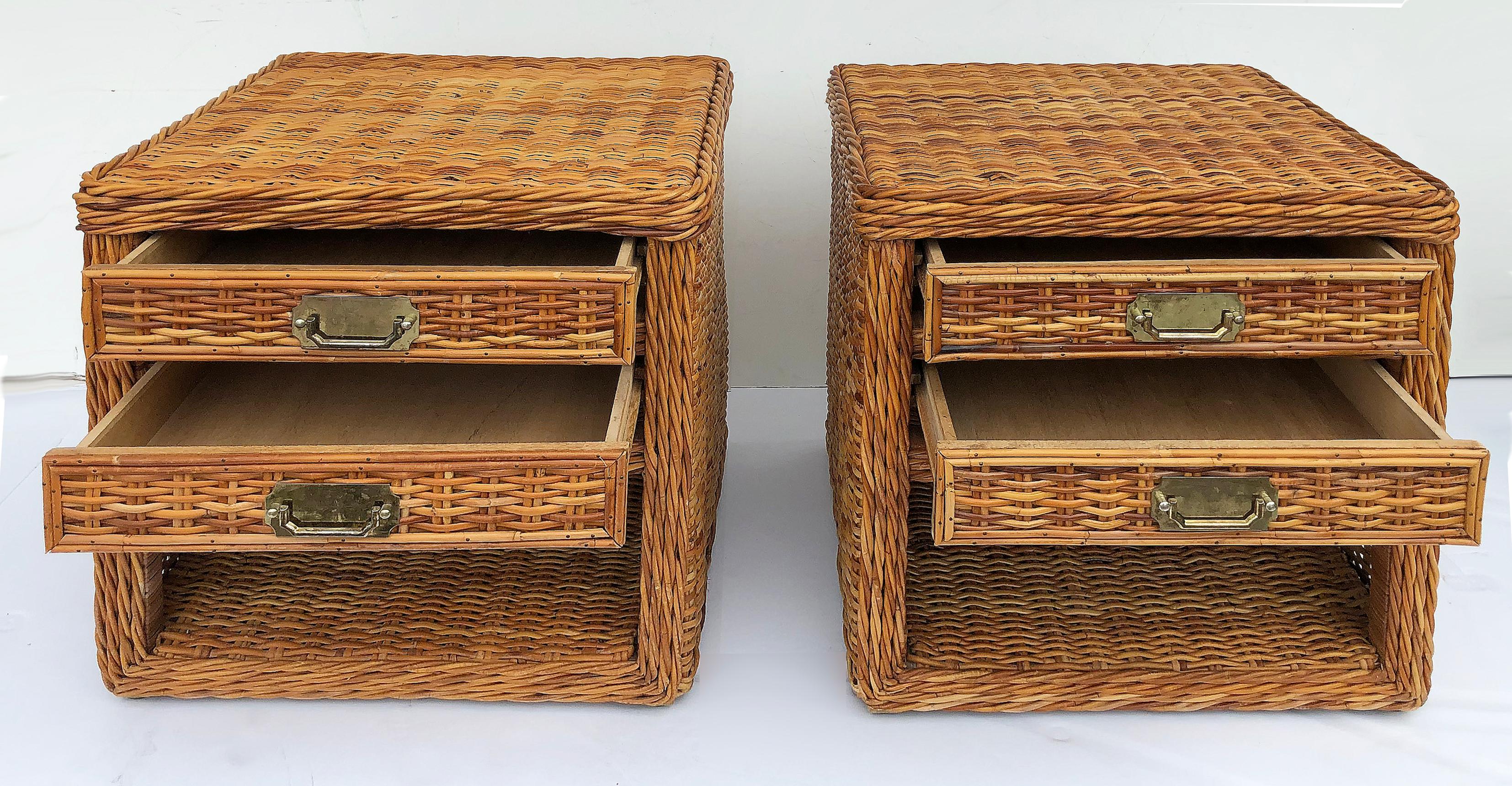 North American Vintage Bielecky Brothers Woven Rattan Night Stands, Pair