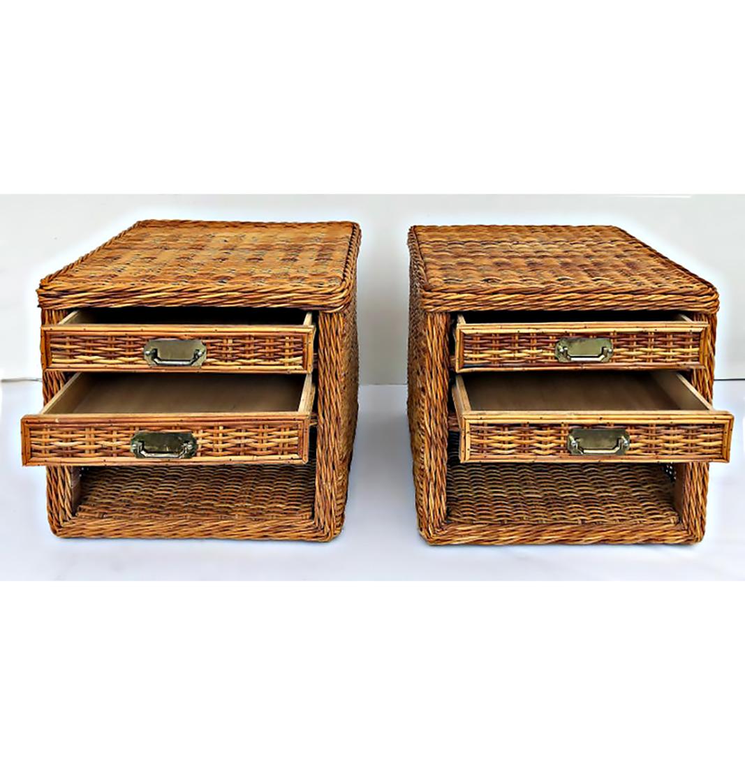 North American Vintage Bielecky Brothers Woven Rattan Night Stands, Pair