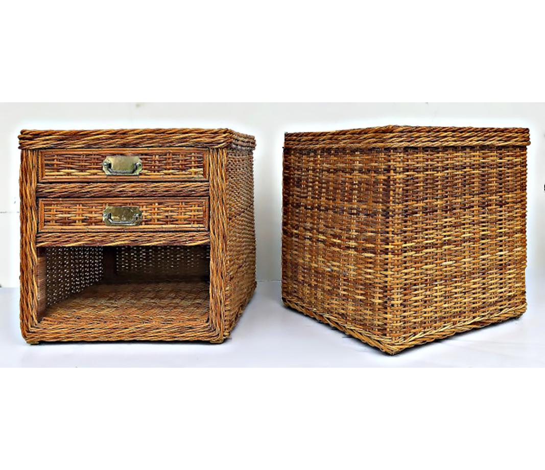 Vintage Bielecky Brothers Woven Rattan Night Stands, Pair In Good Condition In Miami, FL