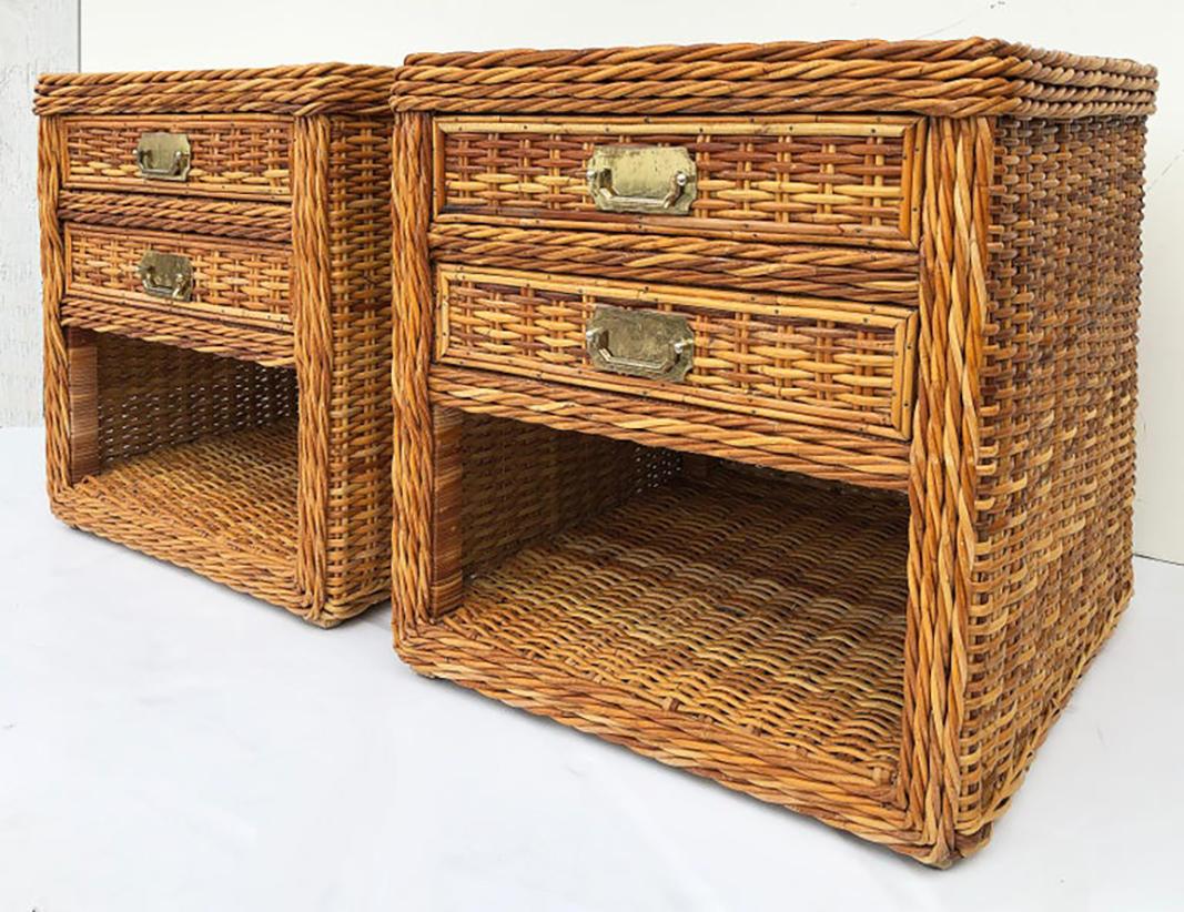 Brass Vintage Bielecky Brothers Woven Rattan Night Stands, Pair