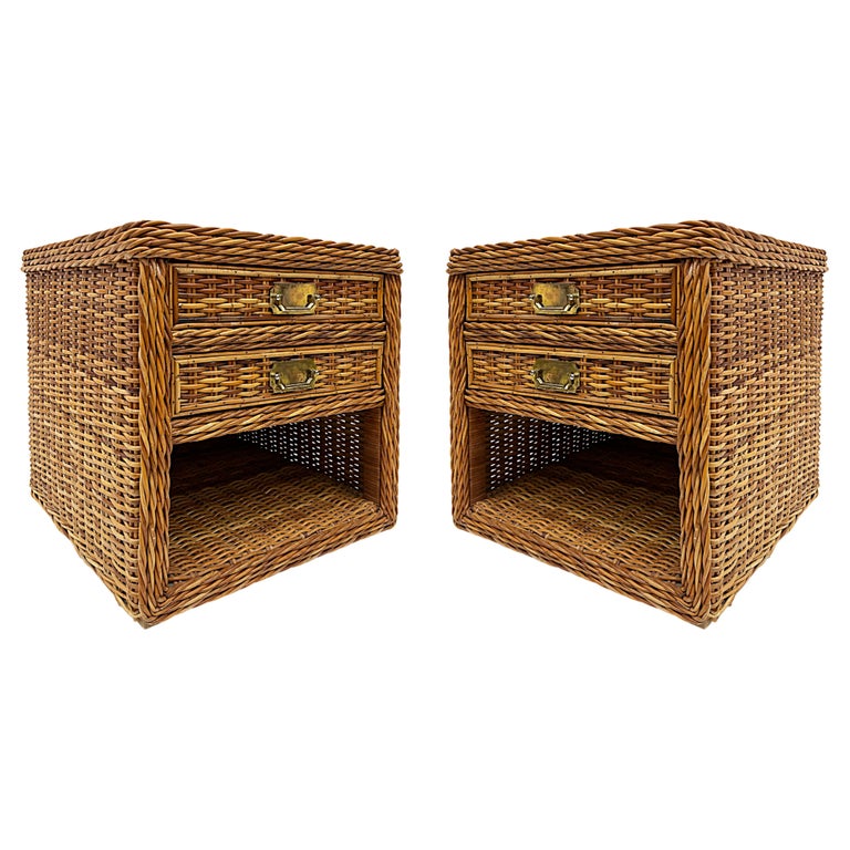 Vintage Bielecky Brothers Woven Rattan Night Stands, Pair For Sale at