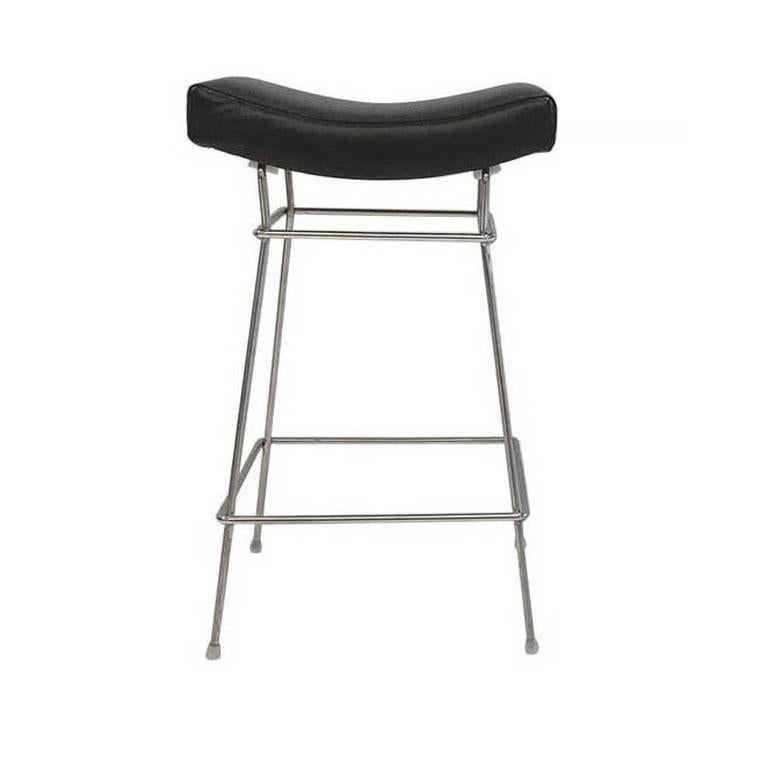 Modern Vintage Bienal Stools with Chromed Steel Bases and Black Leather Seats