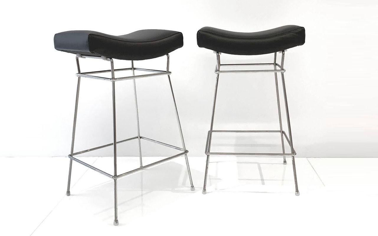 Brazilian Vintage Bienal Stools with Chromed Steel Bases and Black Leather Seats