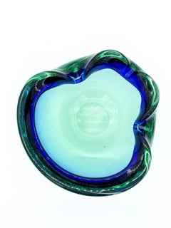 Vintage Big and Heavy Murano Bowl in Deep Blue and Mint Green "Sommerso" Glass