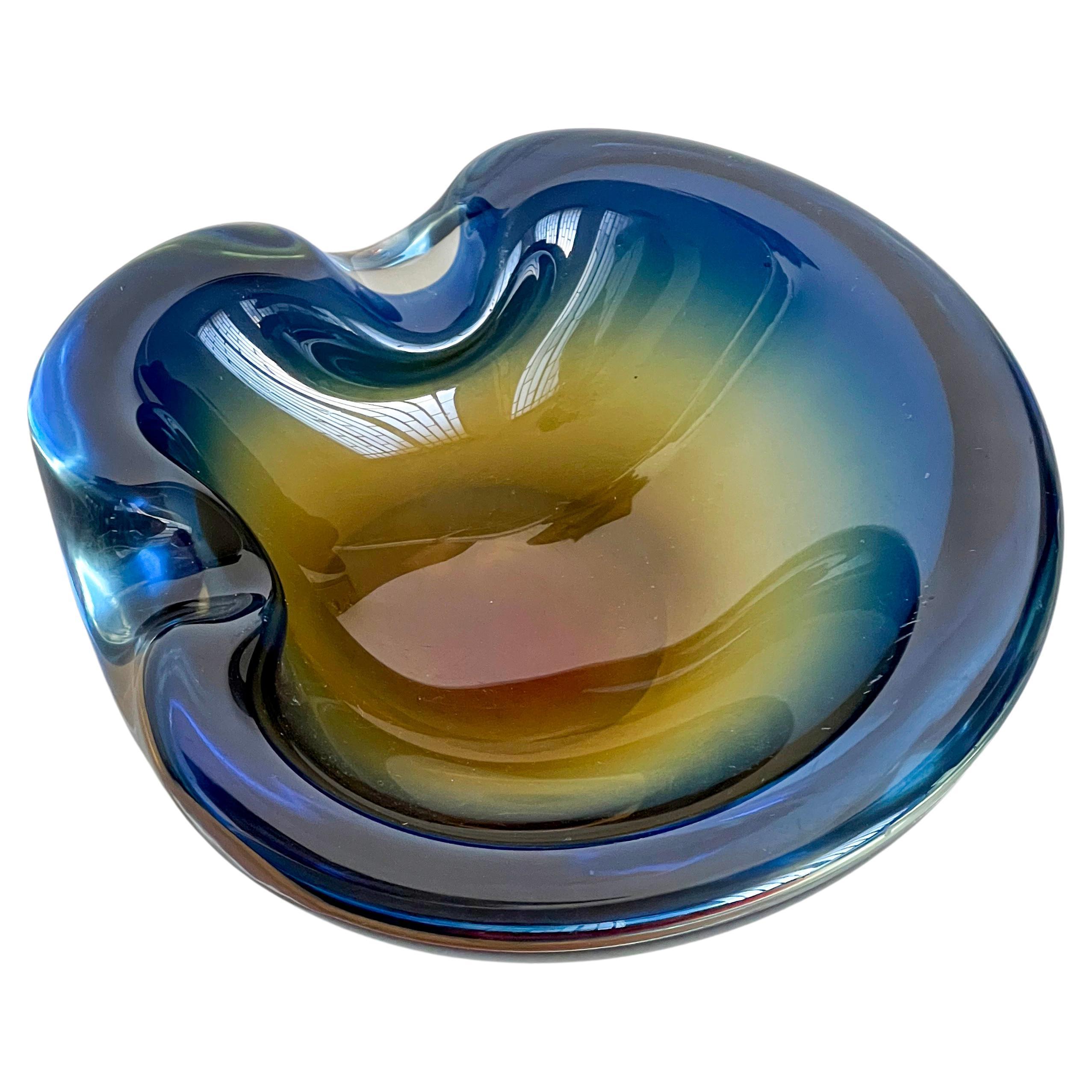 Vintage Big and Massive Sommerso Murano Glass Bowl, Blue and Yellow, Flavio Poli For Sale