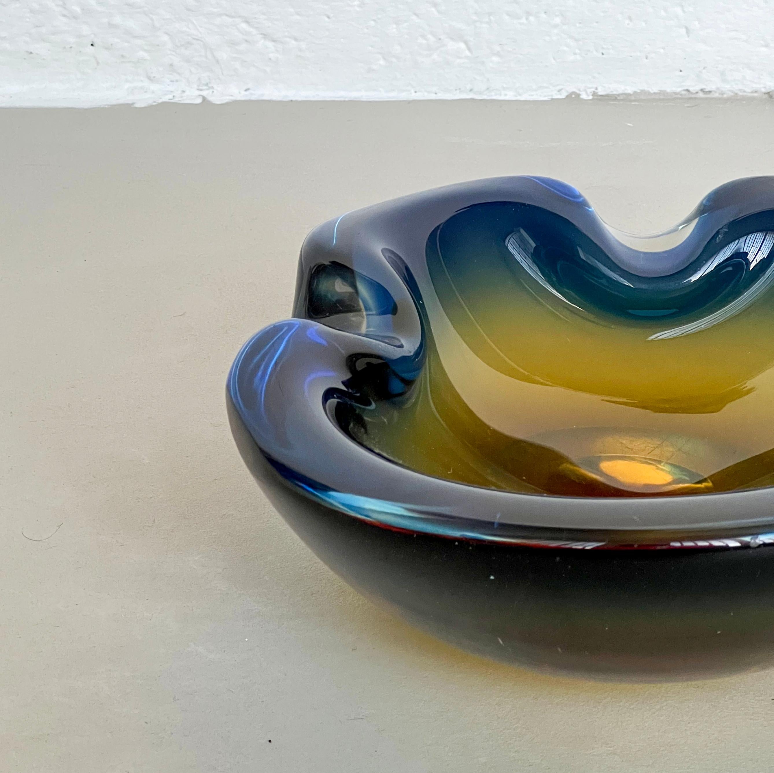 Italian Vintage Big and Massive Sommerso Murano Glass Bowl, Blue and Yellow, Flavio Poli For Sale
