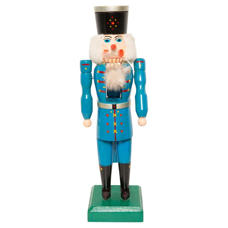 Vintage Big Bright Blue Nutcracker, Painted Wood, Erzgebirge, Germany